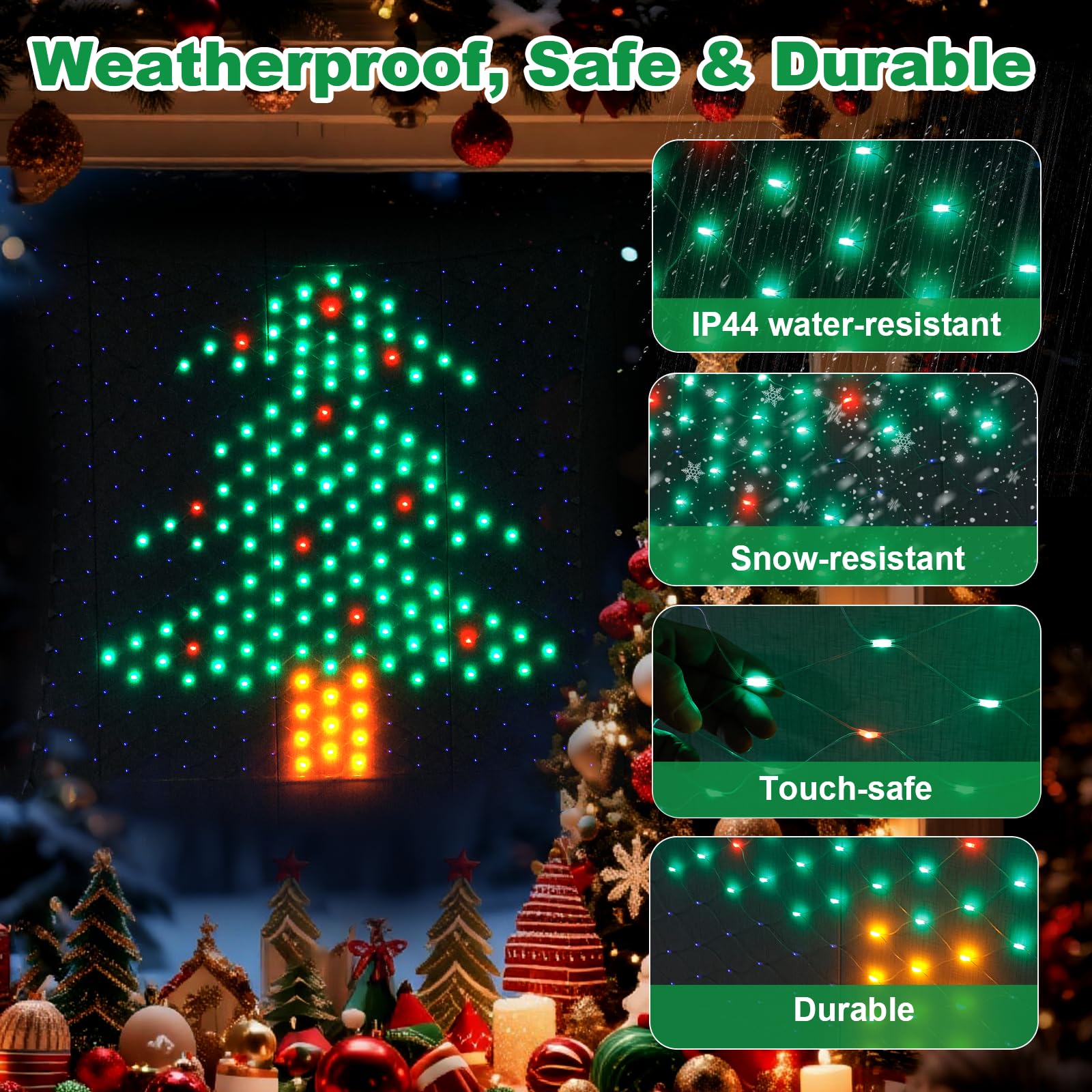 Leisure world Luces de red para decoración de Navidad, 4 x 4 pies, 320 luces LED de malla para exteriores, 8 modos para patio, decoración de fiesta