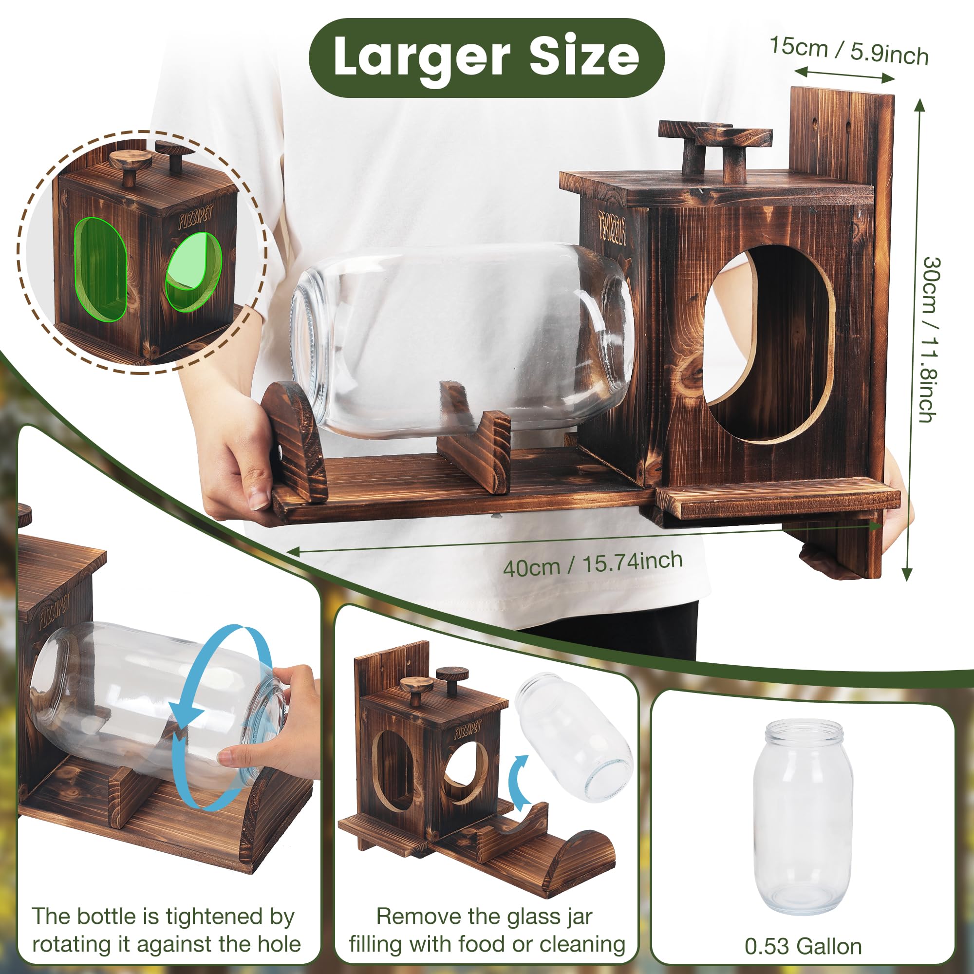 Squirrel Feeder, Large Squirrel Feeders for Outside, Durable Squirrel House, Wooden Chipmunk Feeder for Corn Peanuts with Removable Storage Bottle, 2 Stable Squirrel Stools