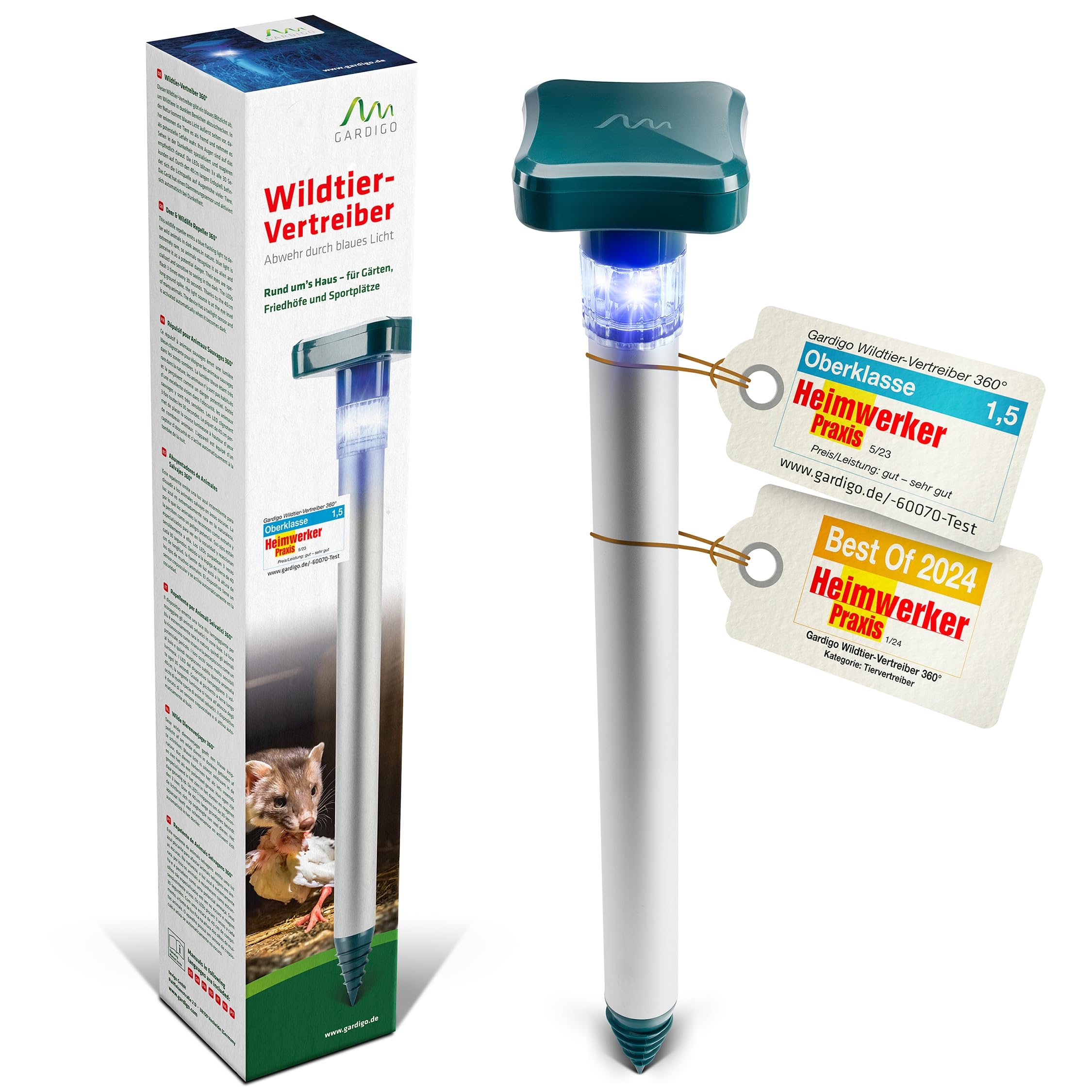 GARDIGO Répulsif Animaux Sauvages LED Bleue – Dissuasion Nocturne | Pour Sangliers, Chevreuils, Renards et Lapins – Activation Automatique – Étanche IP44 – Jardin, Cultures et Terrains