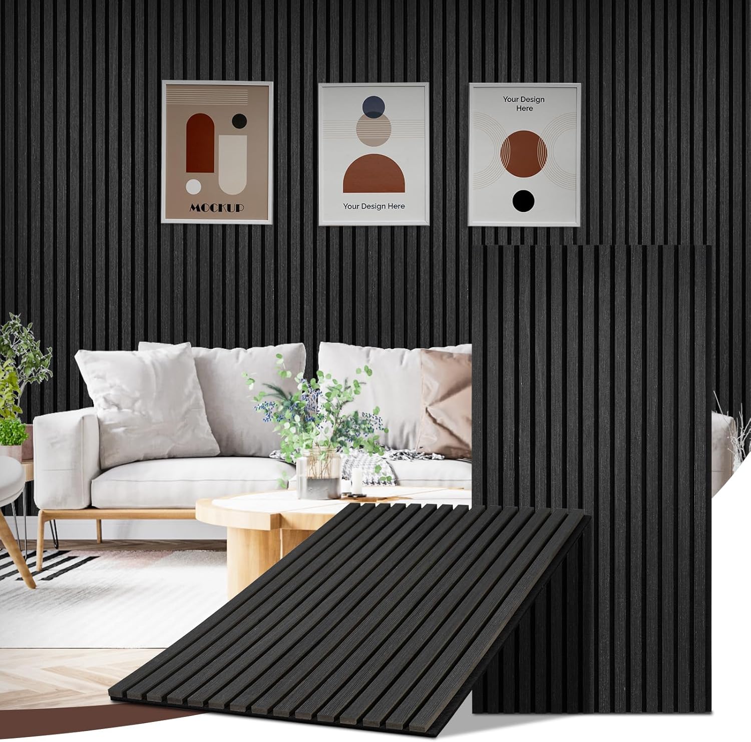 Wood Slat Wall Panels, 2 Pack Acoustic Panels 46.46" × 23.82", 3D Fluted Sound Absorbing Wall Panel for Home & Office Decor, Noise Reducing Interior Wall Treatment (Black Oak) 2 Pack-46.46''x23.82'' Black Oak