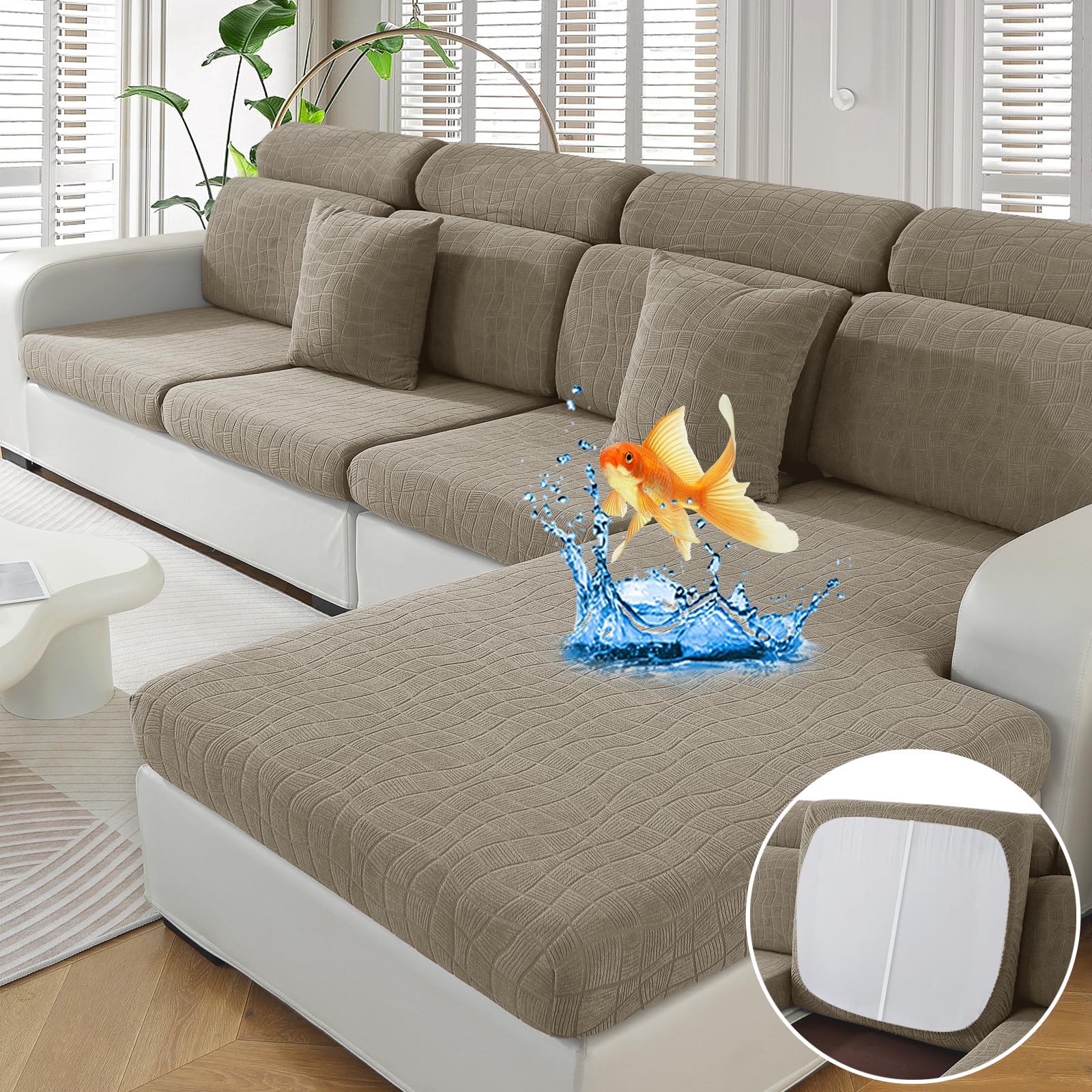 MAXIJIN Waterproof 3 Pieces Couch Cushion Covers for Sectional Sofa Seat Slipcover Stretch Sectional Couch Cover for L Shape Left/Right Chaise with