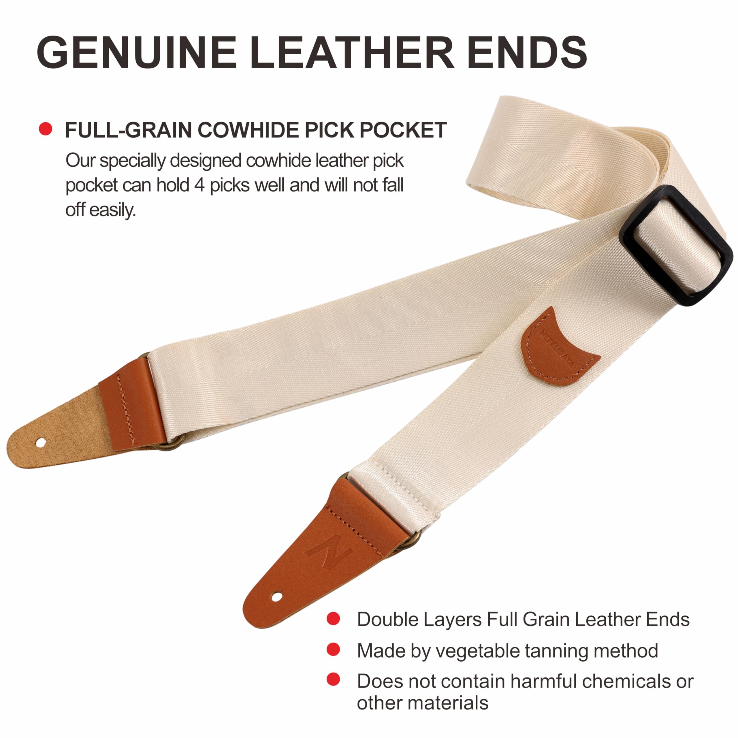 Nefelibata Guitar Strap with Pick Pocket, Vintage Nylon Full Grain Leather Ends Guitar Straps for Bass, Electric & Acoustic Guitar, with Strap Button, 1 Pair Strap Locks and 4 Guitar Picks (Beige)