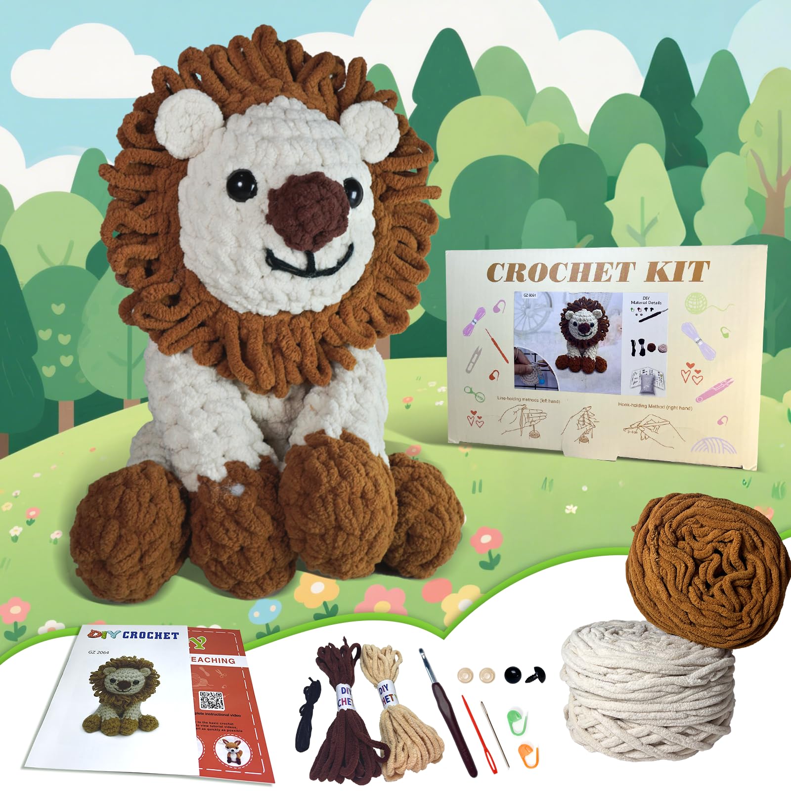 Alutaba Crochet Kit for Beginners Adults, 10in Lion Crochet Animal Kits for Adults with Step by Step Videos Tutorials, Knitting Kit for Crochet Lover Starter, DIY Handmade Crochet Kit Dolls
