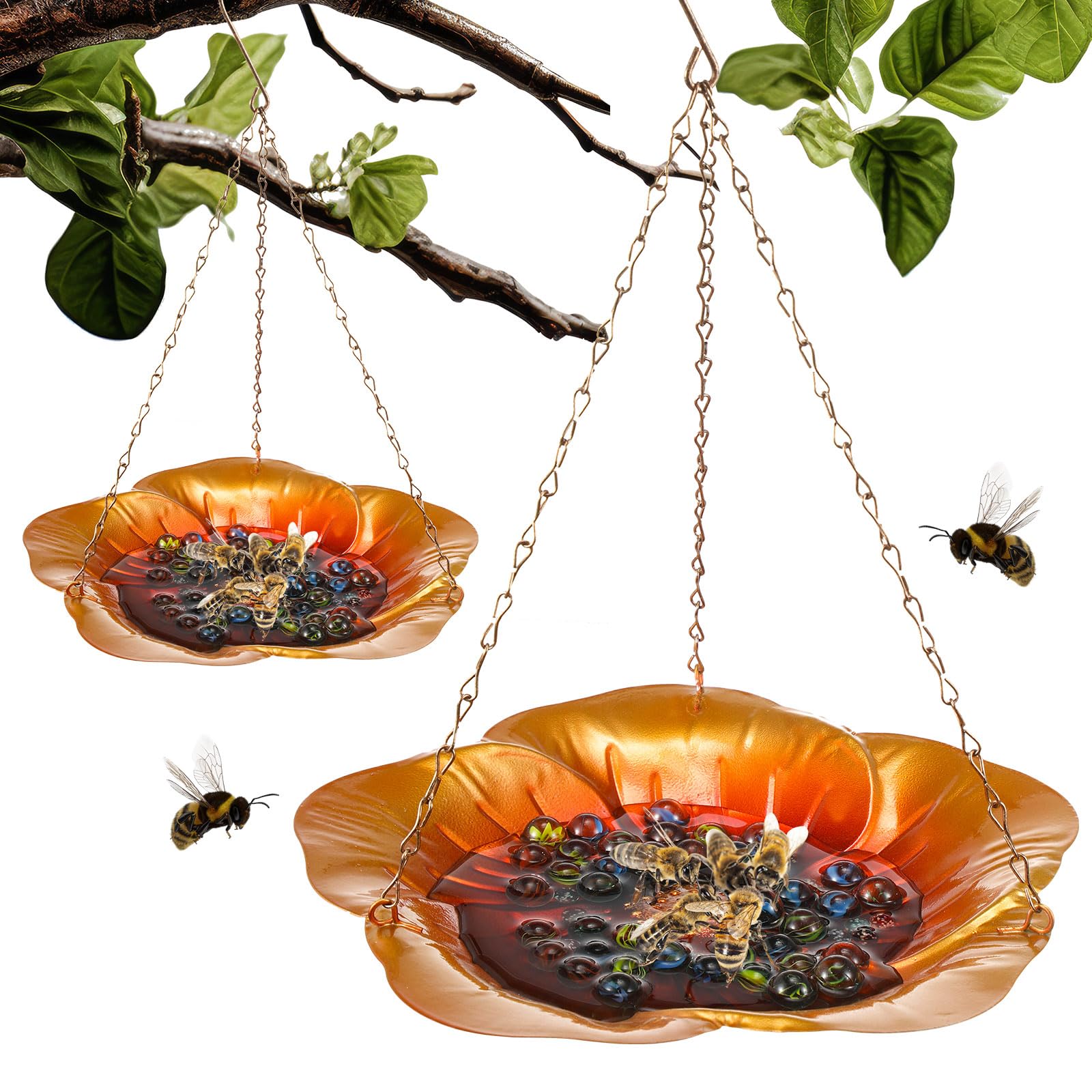Willinglong 2 Pcs Bee Watering Station with Flower Design Anti Rust Durable Iron Bee Feeder for Feeding Butterfly Bath Bowl with 60 Glass Marbles for Yard Feeding Watering Bees Beekeeping Equipment