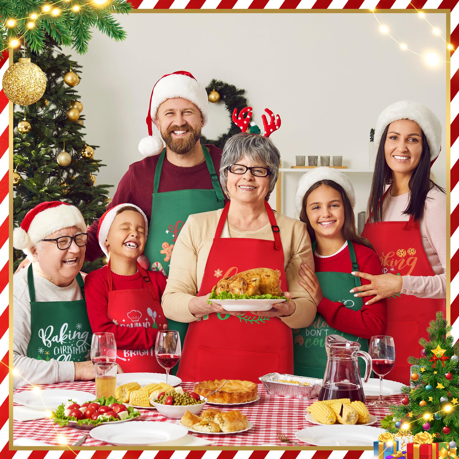 8 delantales de Navidad a juego con bolsillo, delantal de cocina de Navidad, delantales de cocina, delantales divertidos para galletas, regalo para familia, esposa, marido, pareja, Verde,