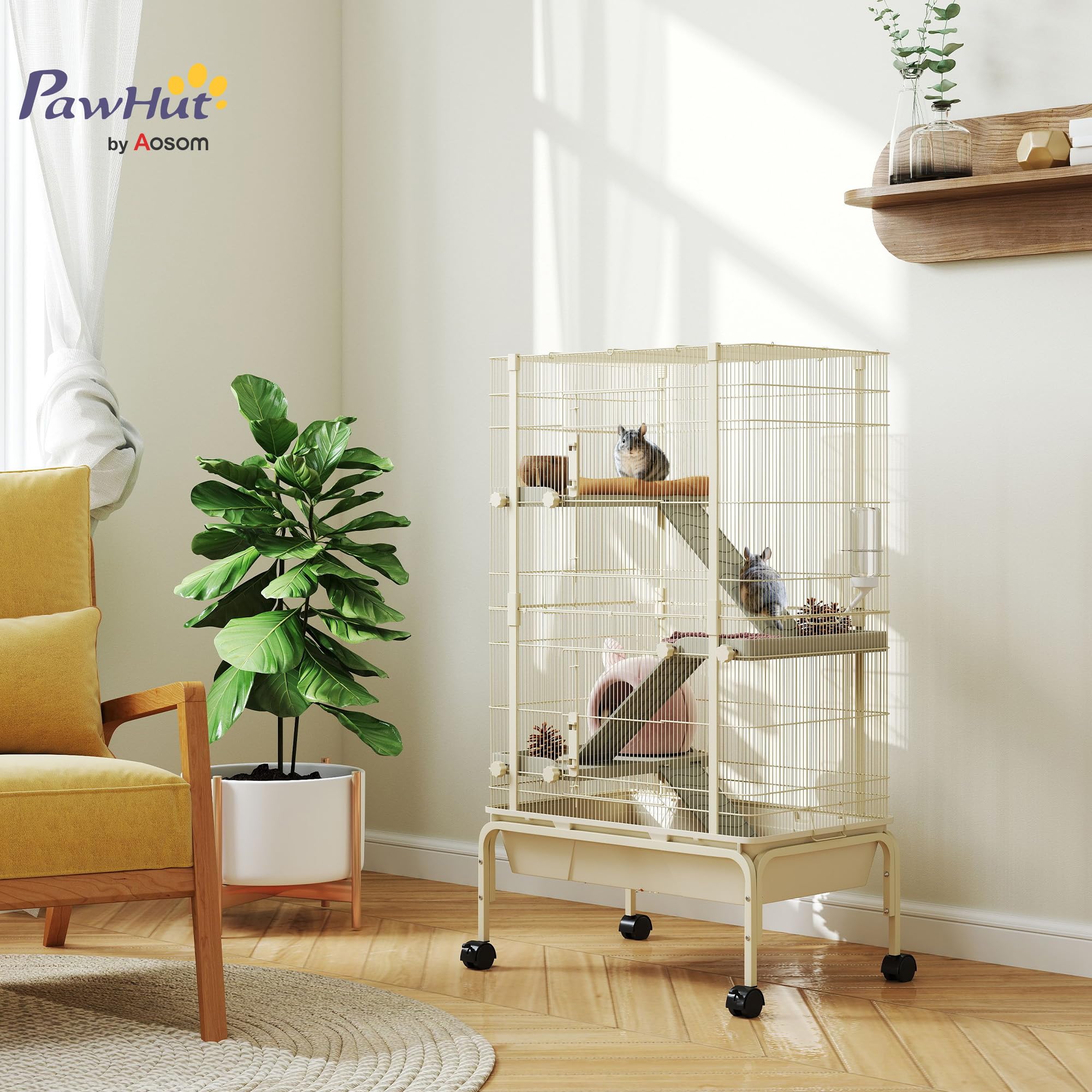 PawHut Jaula para Animales Pequeños de 4 Niveles Jaula para Roedores con Ruedas Rampas Cuenco Botella de Agua y Bandeja Extraíble Recinto para Conejos Chinchillas Hurones Cobayo 69x44x120 cm Beige