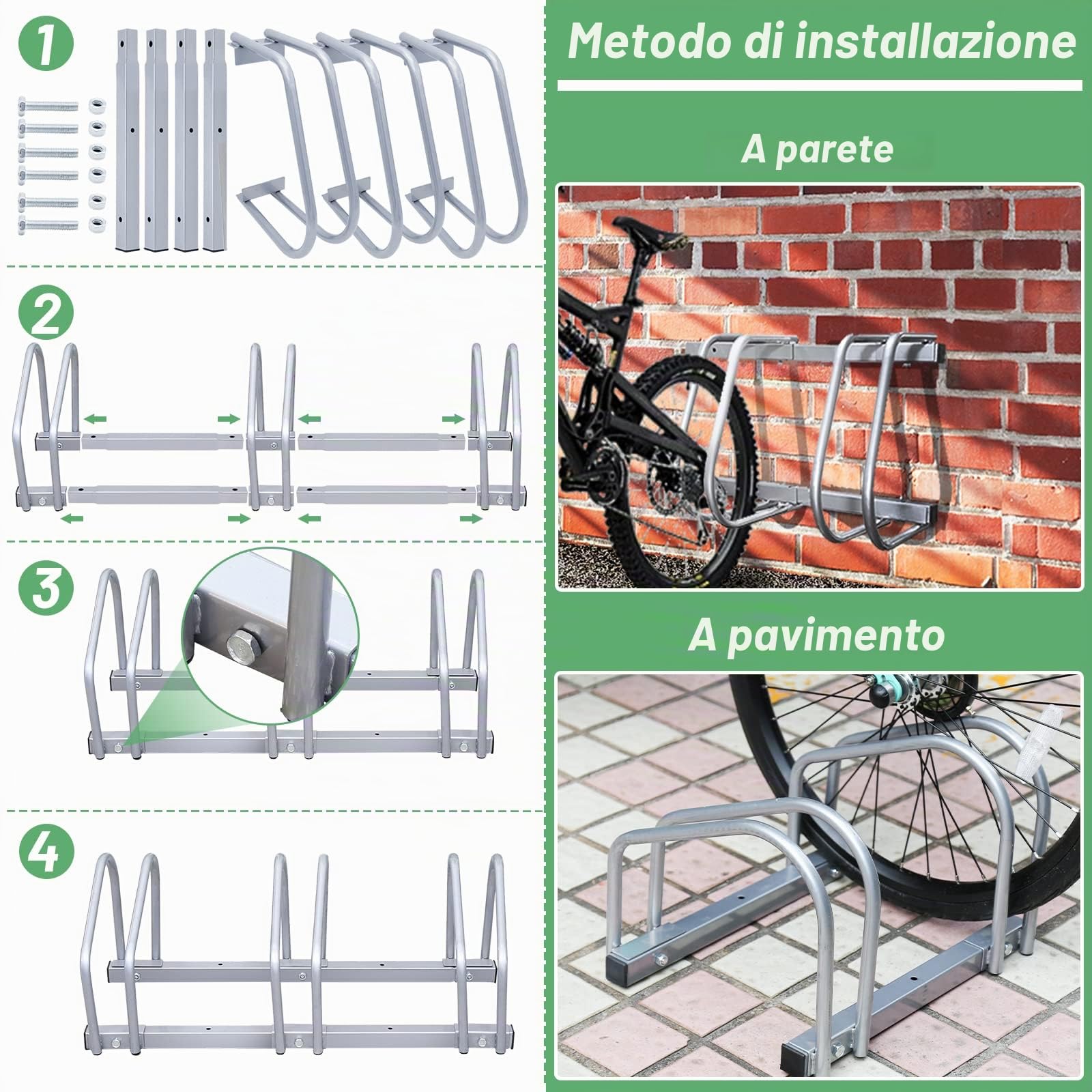 Supporto per Bicicletta per 4 biciclette, Montaggio a pavimento o a parete, adatto per biciclette da 35-55 cm, con Materiale di Montaggio Incluso, Salvaspazio, Argento