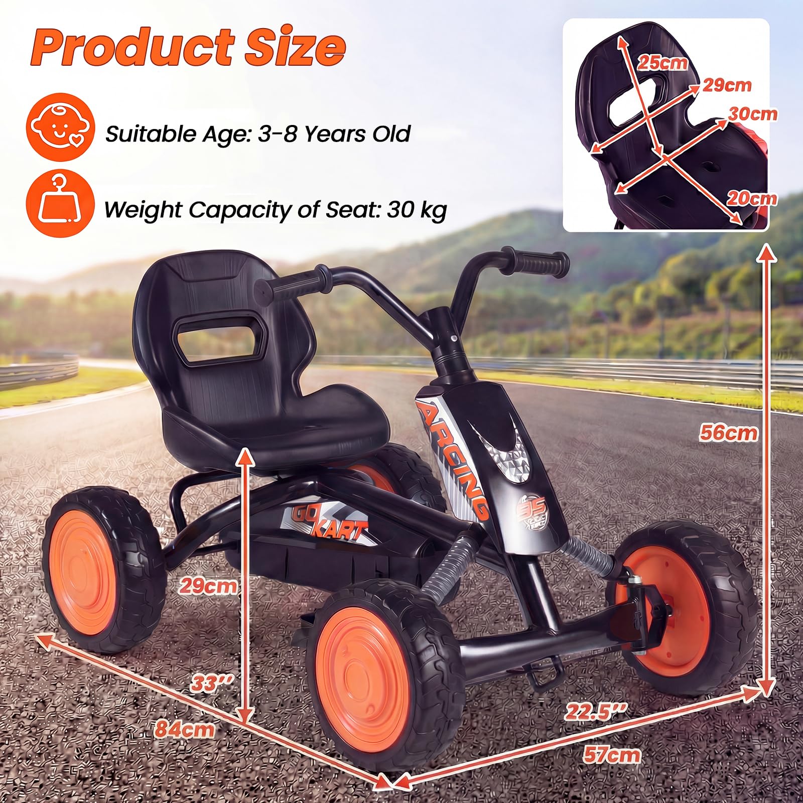 KOMFOTTEU Go Kart per Bambini 3-8 Anni, con Sedile Regolabile, Nero