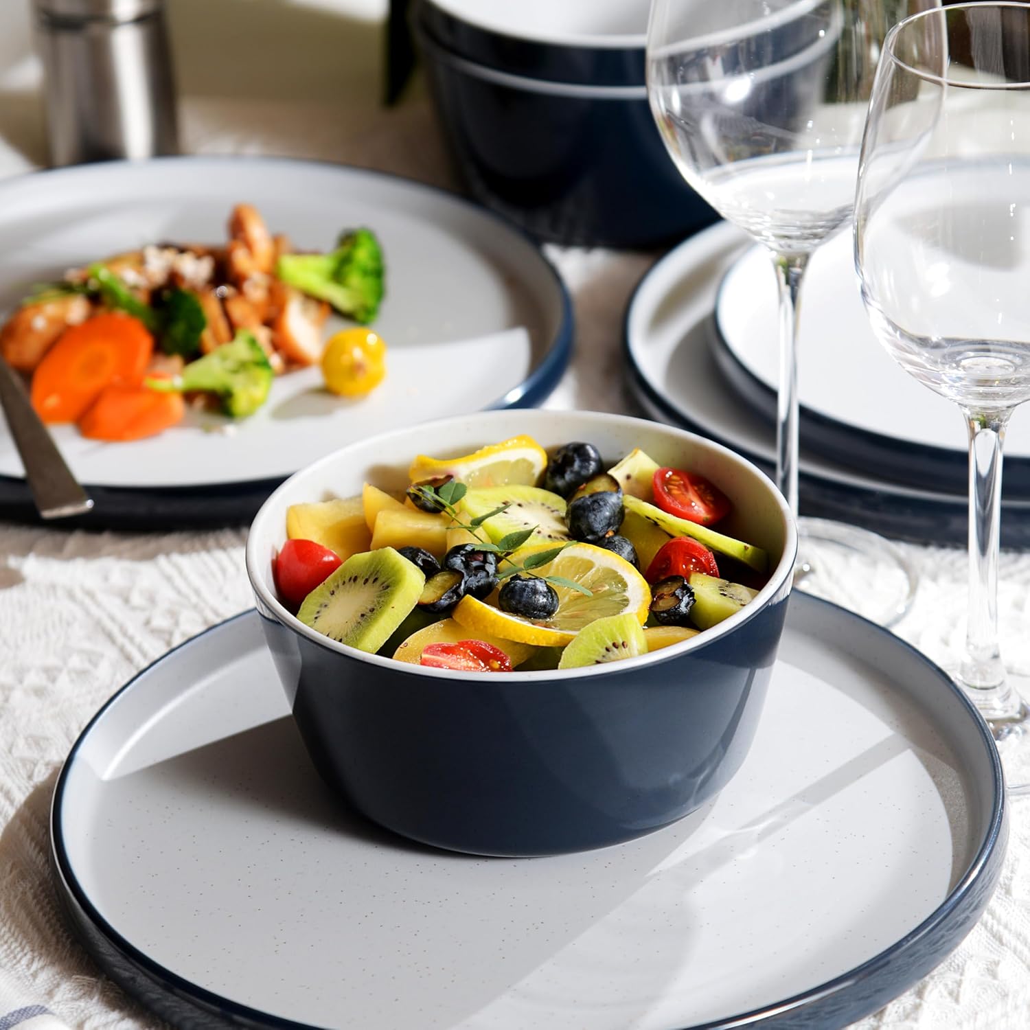 Melamine Dinnerware Sets,Plate and Bowl Set for 4,12 Pcs Dish Set with Lipped Edges,Lightweight and Reusable Dishware Sets for Camping,Dishwasher Safe,Good for Housewarming(Navy Blue,Gray)