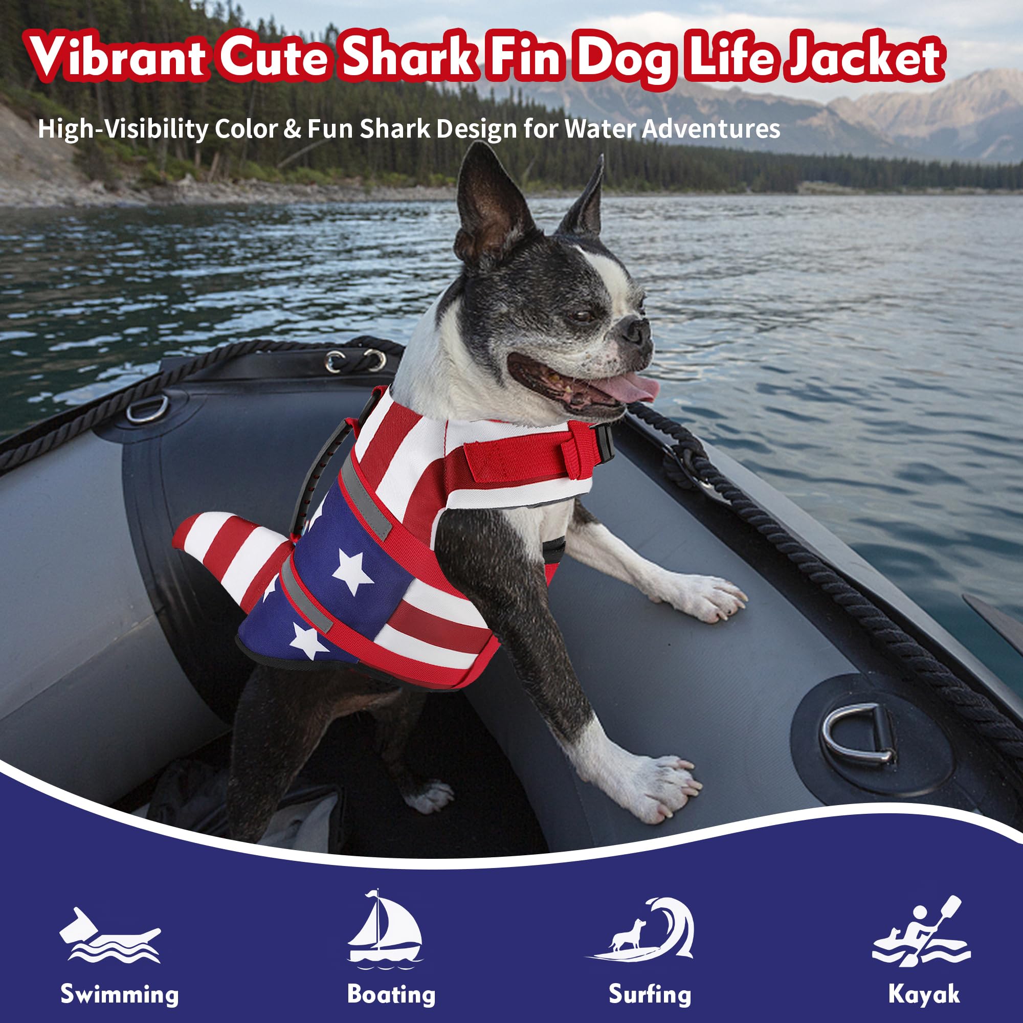 Dogcheer Gilet de sauvetage pour chien, motif requin, drapeau américain, gilet de sauvetage pour chien, flottabilité élevée et poignée de sauvetage, gilet de flottaison réglable pour chiens de petite,