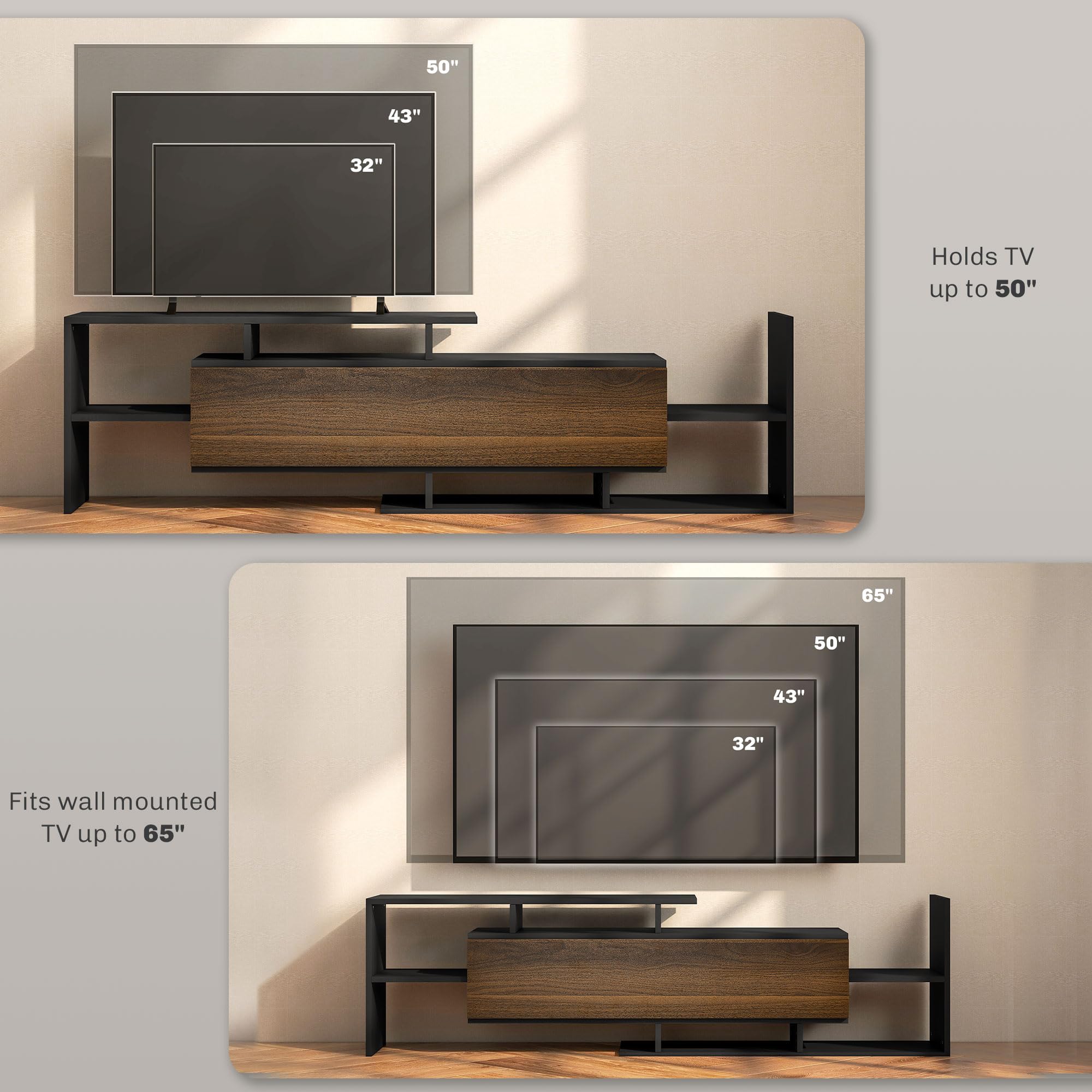 HOMCOM Mobile TV con Mensola a Muro, Ripiani Aperti e Armadietto in Legno, Mobile TV Moderno per Soggiorno e Camera da Letto, Nero e Marrone