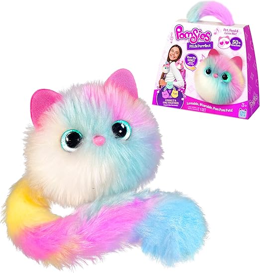Pomsies Pitch Purrfect Skye - Interactive Musical Pet with Color-Changing Eyes - Harmonizing Pom Pom That Sings & Connects with Other Wearable Plush Toy Ages 3+