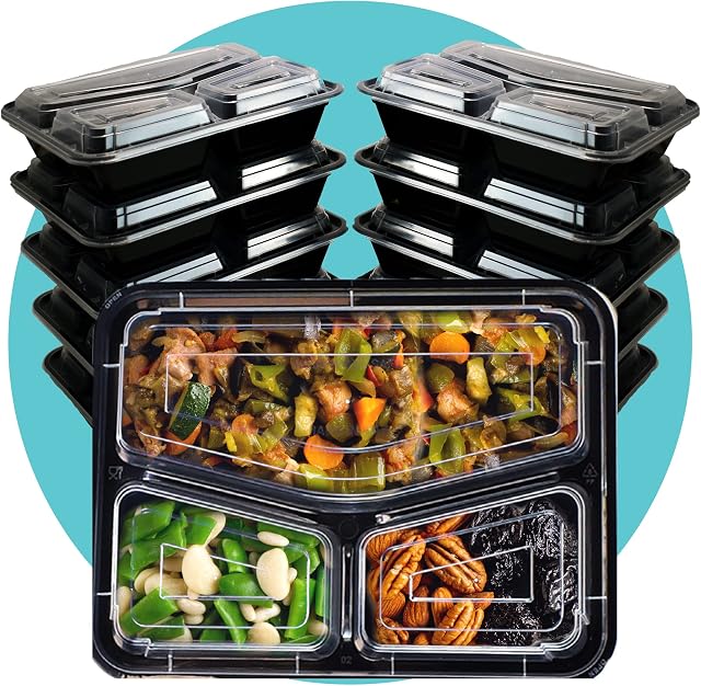 Triplast 10 x Meal Prep Containers (3 Compartment, 33oz) - Microwave, Freezer & Dishwasher Safe BPA Free, Reusable, Leakproof & Stackable Food Storage Bento Lunch Boxes for Home, Office & School Use