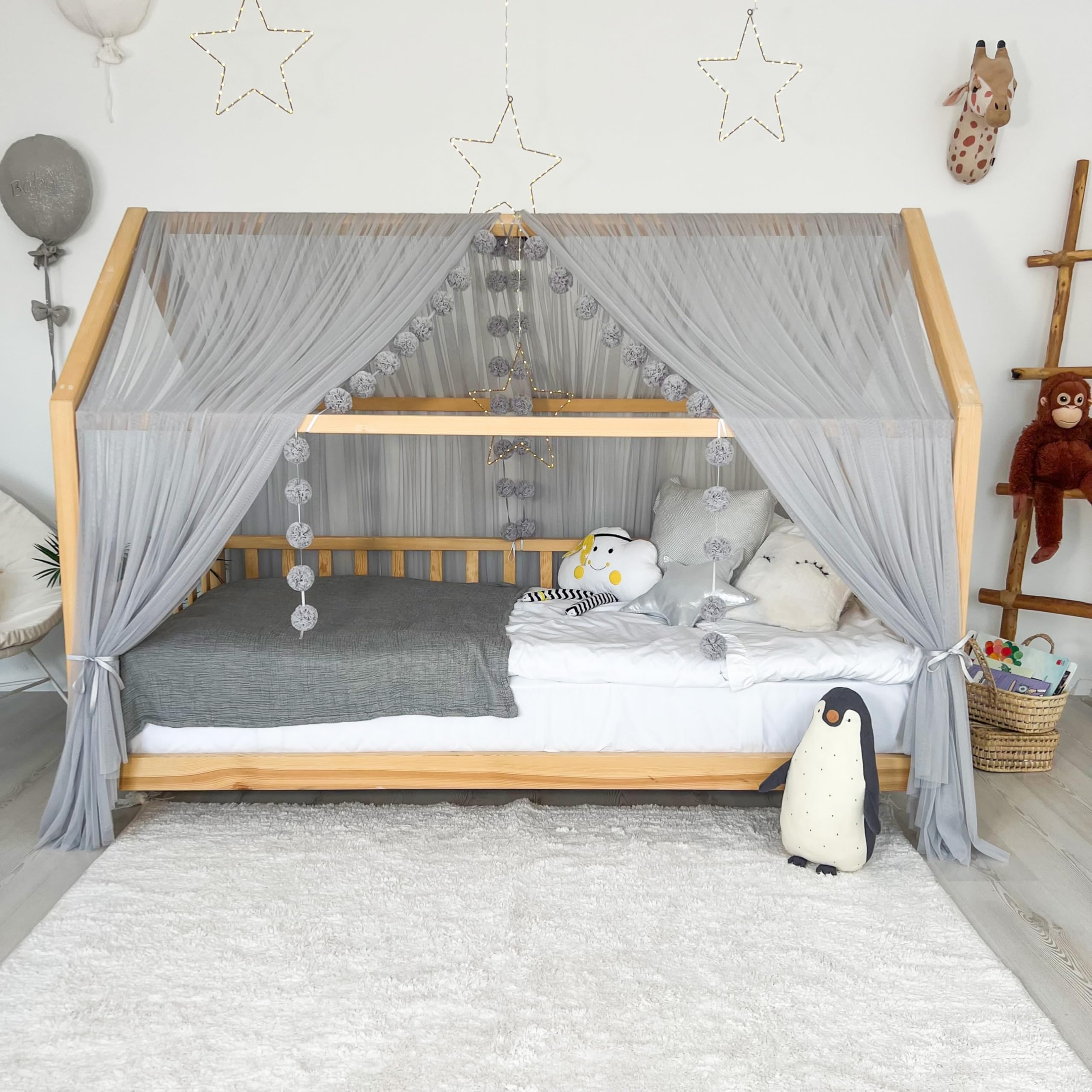 Montessori Betthimmel für Kinderzimmer, weicher Tüll, Hausbetthimmel, Kleinkind-Bodenbett-Dekoration, Kinderzimmer, Leseecke, Spielzelt (grau, 360 cm, kein Zubehör)