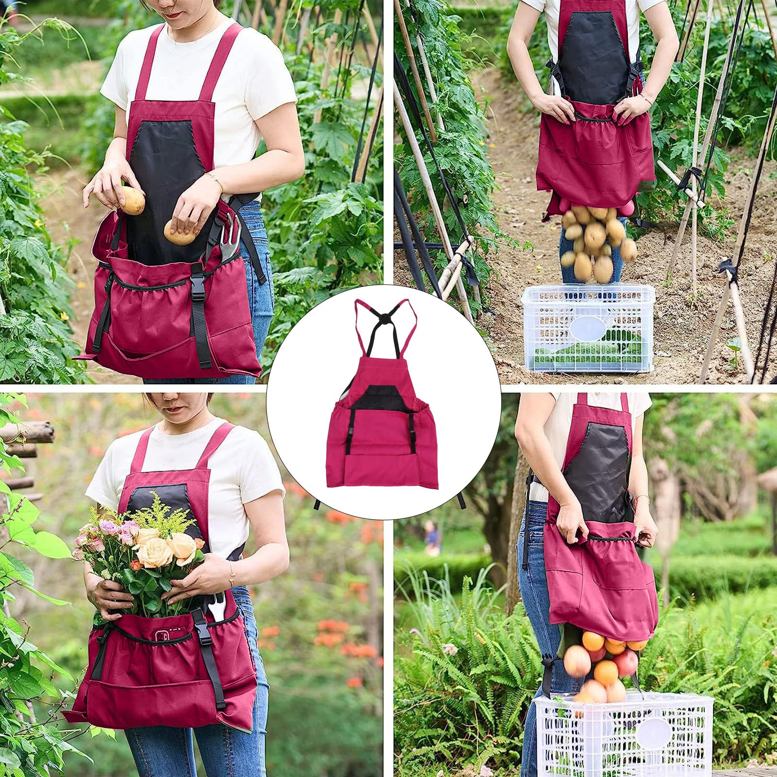 Tablier de Jardinage, Tablier de Cueillette de Fruits avec Pochette à Fermeture Rapide, Sacs de Cueillette de Légumes et de Fruits pour Hommes et Femmes, Cadeaux pour Jardiniers(Rose)