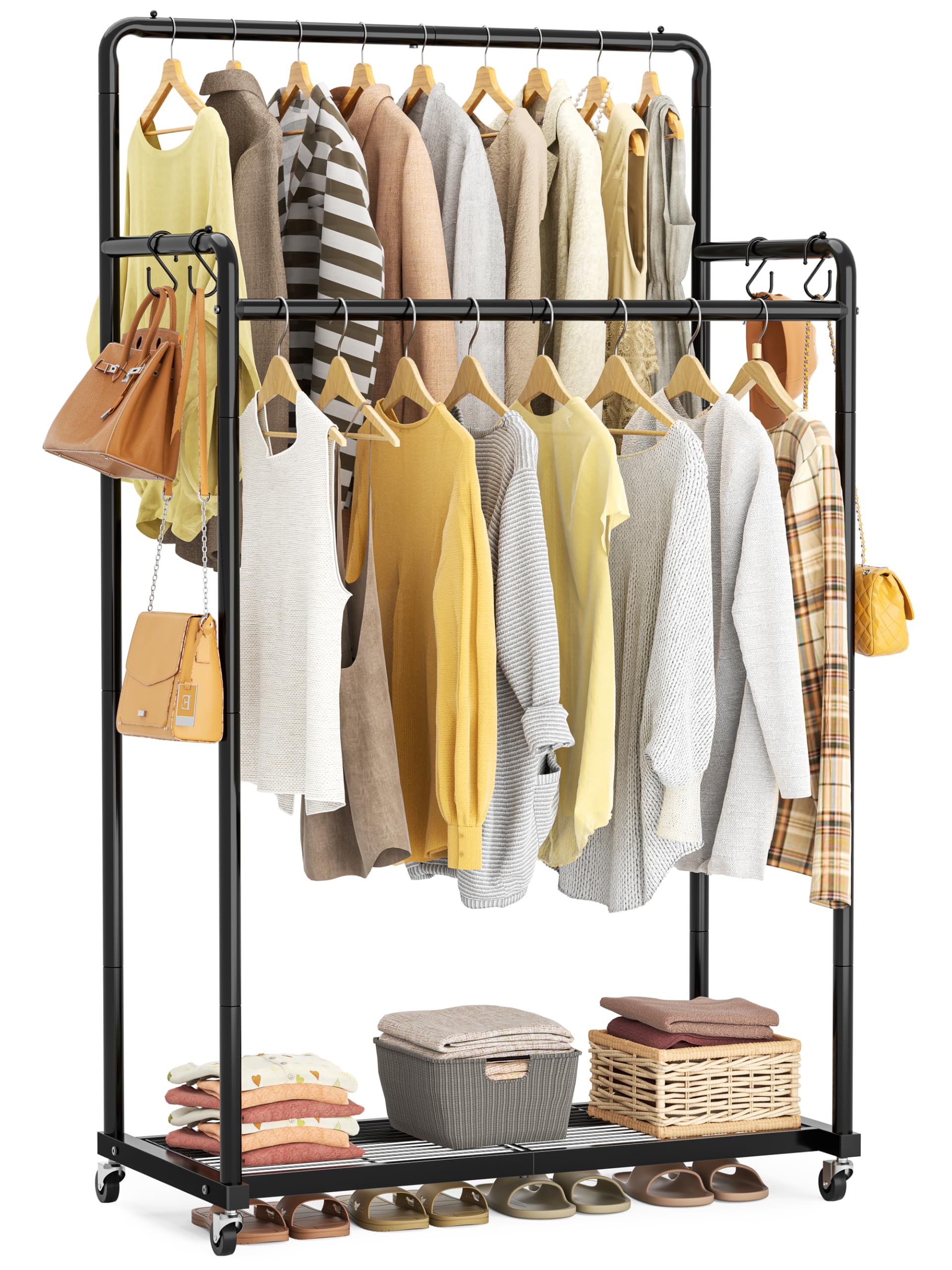 HOMIDECClothes Rail,Metal Clothes Rack with Hooks, Double Rads Heavy Duty Clothing Rail for Bedroom,Portable Clothing Rack Clothes Storage Shelf,Hold up to 80 kg,Blcak