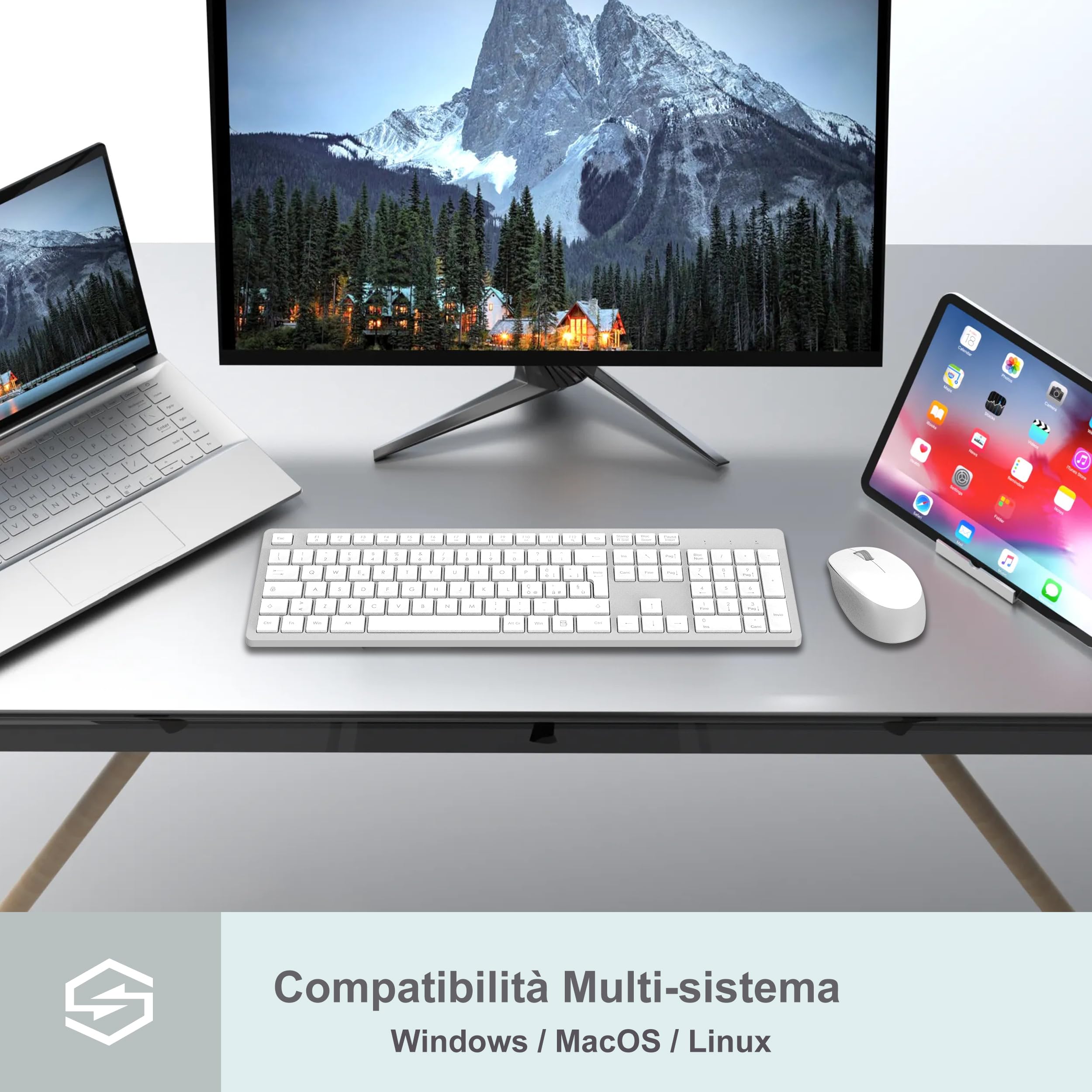 LeadsaiL Kit Tastiera e Mouse Wireless 2,4 GHz Layout Italiano QWERTY, Bianco e Grigio
