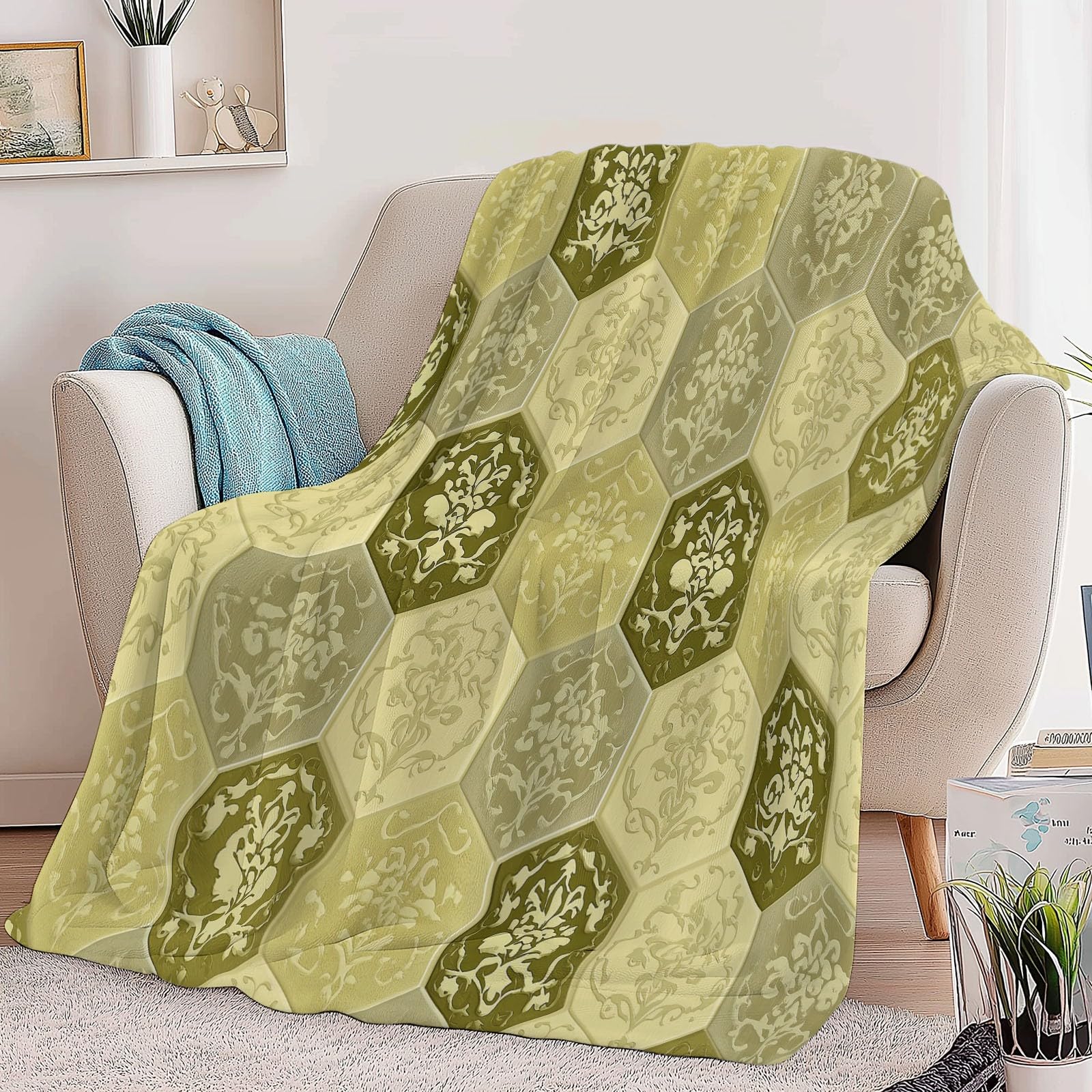 Manta Franela para Cama 220 x 240 cm, Suave Cálida Hexágono Geométrico Satinado Manta Invierno Calentitas Transpirable Ligera Estilo Retro para Adulto Infantil Mujer Hombre