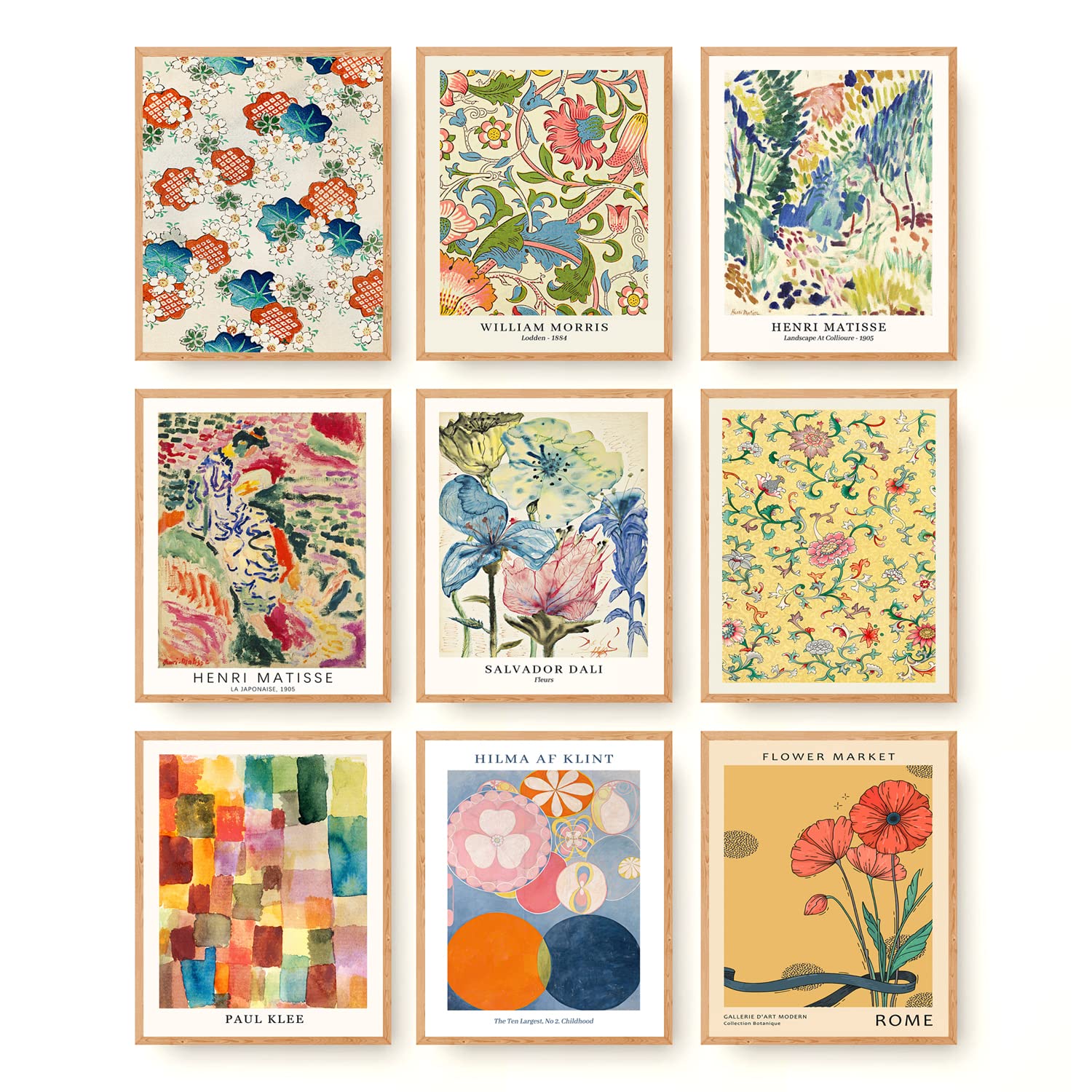 Matisse Wall Art Prints Set of 9 Canvas Eclectic Vintage Aesthetic Posters Colorful Floral Flower Market William Morris Paul Klee Dali Klint Gallery for Bedroom Living Room Decor (8"x10" UNFRAMED)