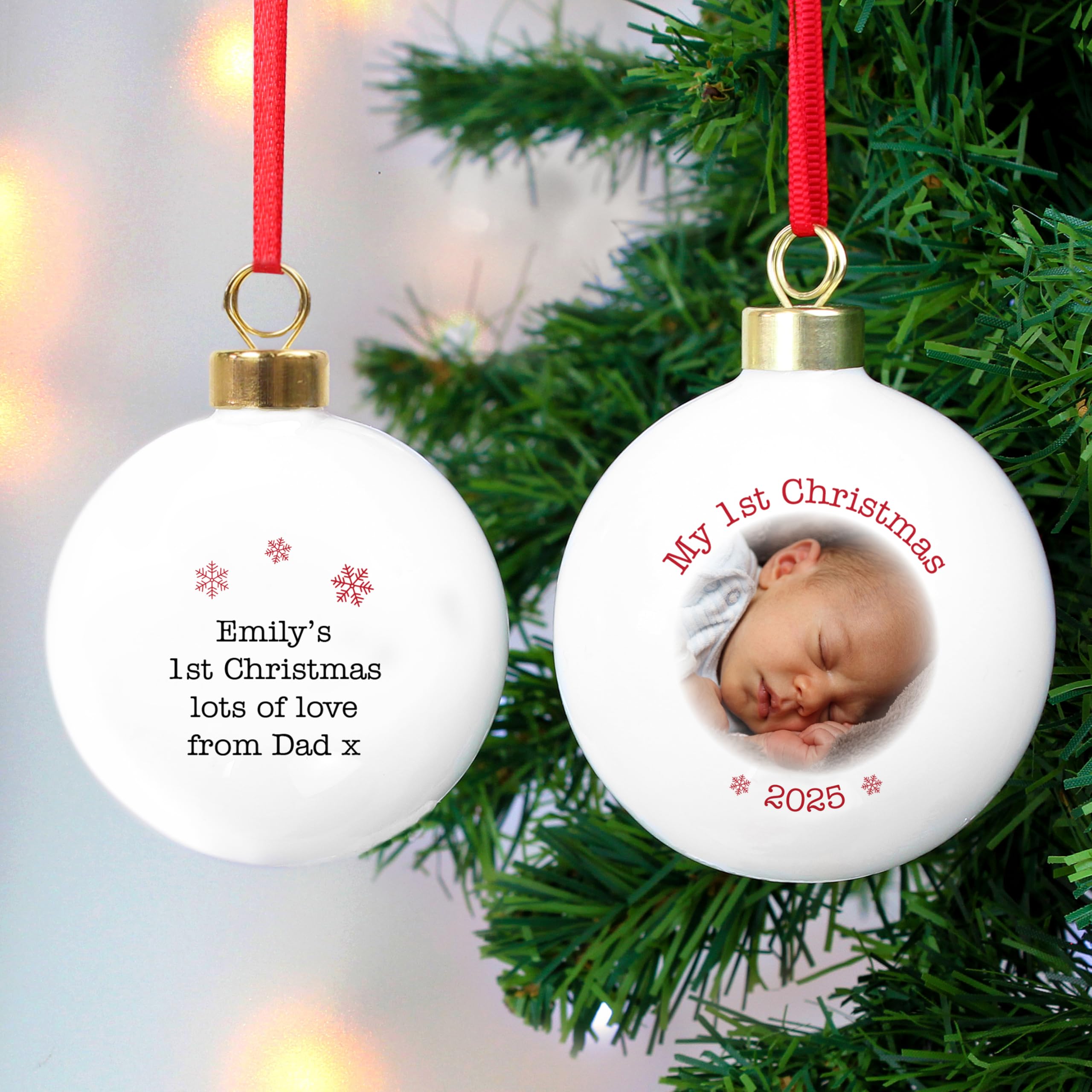 Custom Personalised Ceramic Christmas Tree Bauble – Baby's First Christmas Ornament with Photo & Message – Christmas Keepsake Gift