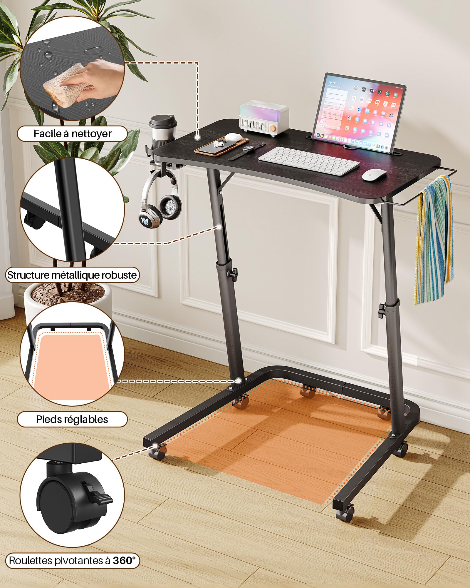 Table d'entraînement à roulettes pour vélo avec hauteur réglable et roulettes, table de chevet et table pour ordinateur portable, table d'appoint réglable en hauteur pour vélo d'intérieur et tapis de