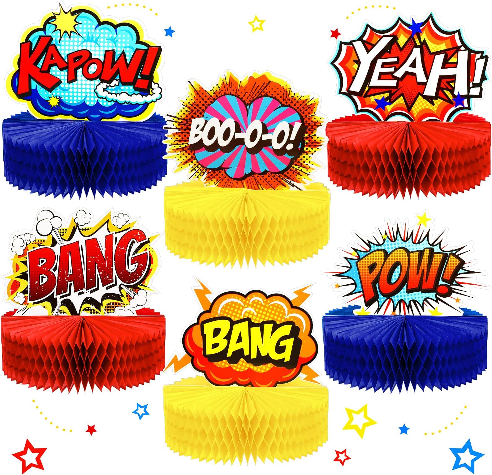Skylety 6 Pcs Hero Party Decoration Hero Honeycomb Centerpieces 3D Table Topper Paper Large Word Action Sign Table Topper Decor 7.5 x 7.8 Inch for Happy Birthday Baby Shower Favor Party Supplies