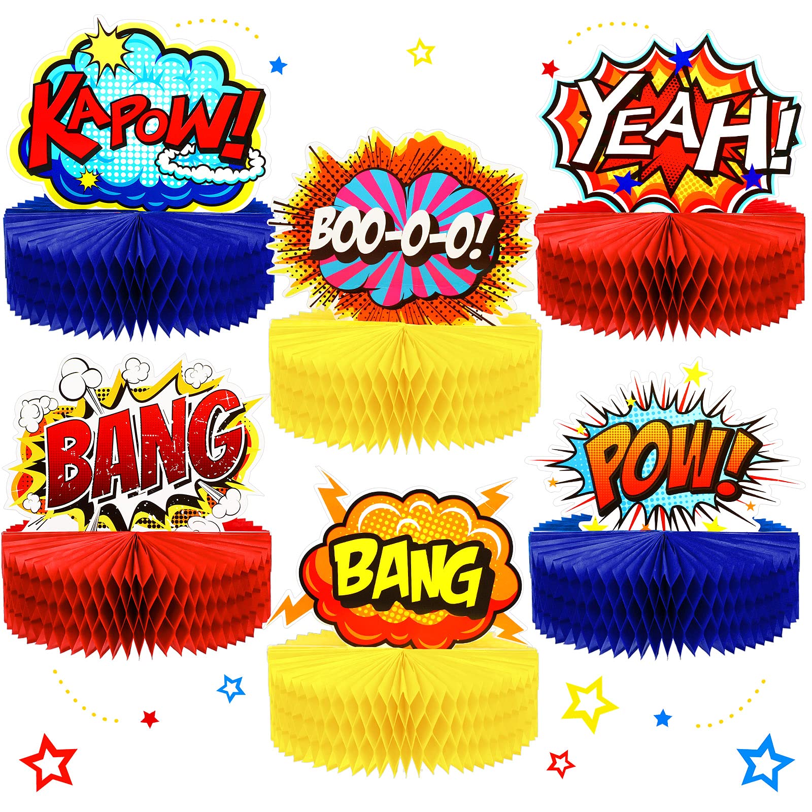 Skylety 6 Pcs Hero Party Decoration Hero Honeycomb Centerpieces 3D Table Topper Paper Large Word Action Sign Table Topper Decor 7.5 x 7.8 Inch for Happy Birthday Baby Shower Favor Party Supplies