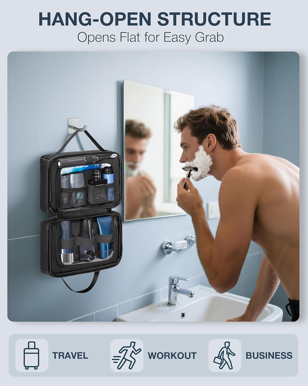 Toiletry Bag with Travel Cube, Mens Water-Resistant Bathroom Bag for Shower and Shaving Essentials, Black - Image 2