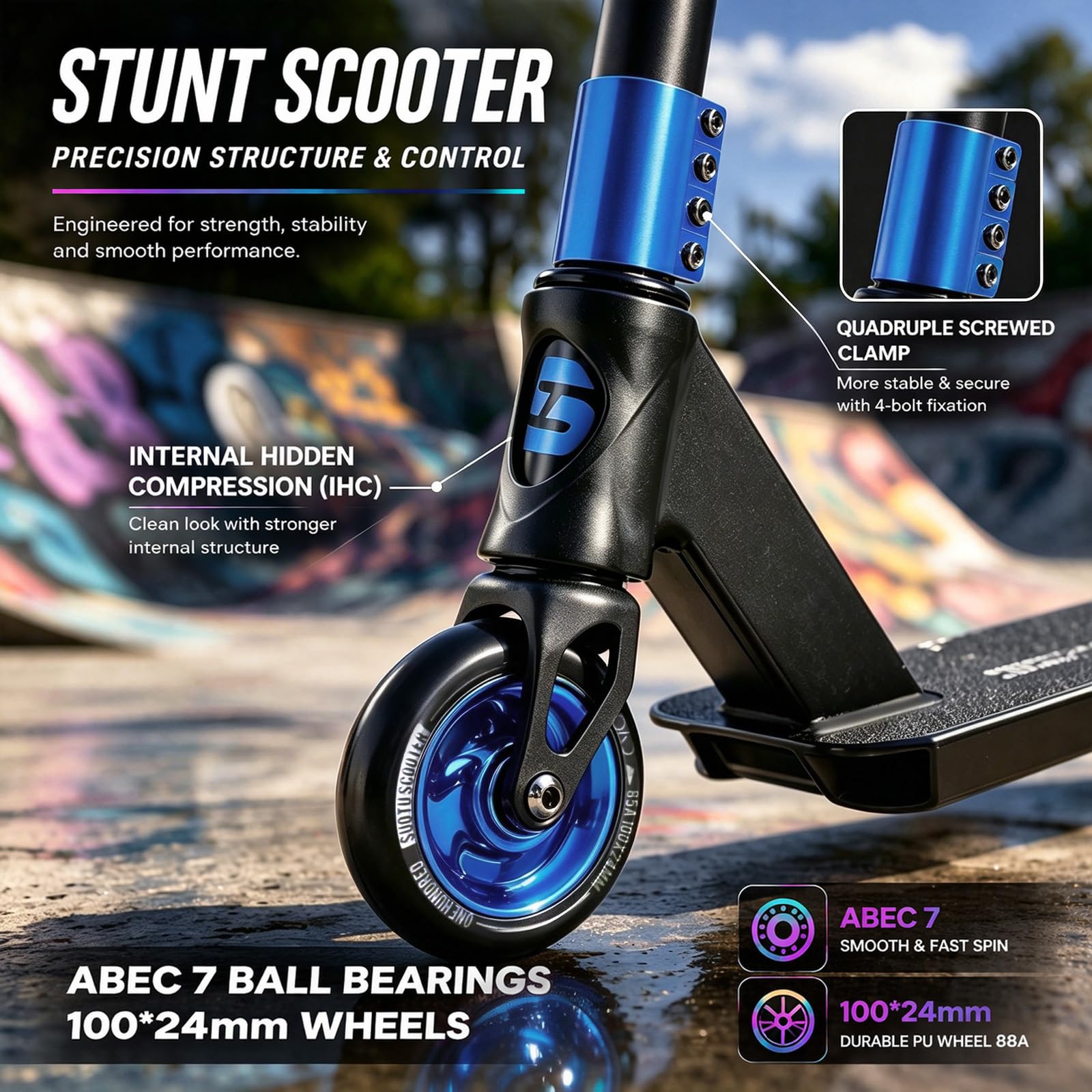 Monopattino Freestyle, Sterzo a 360°, Monopattino da Trick con Ruote in PU 85A 100 mm, Stunt Scooter per Bambini Adolescente e Adulti, Capacità di Carico: 100 kg, Alluminio