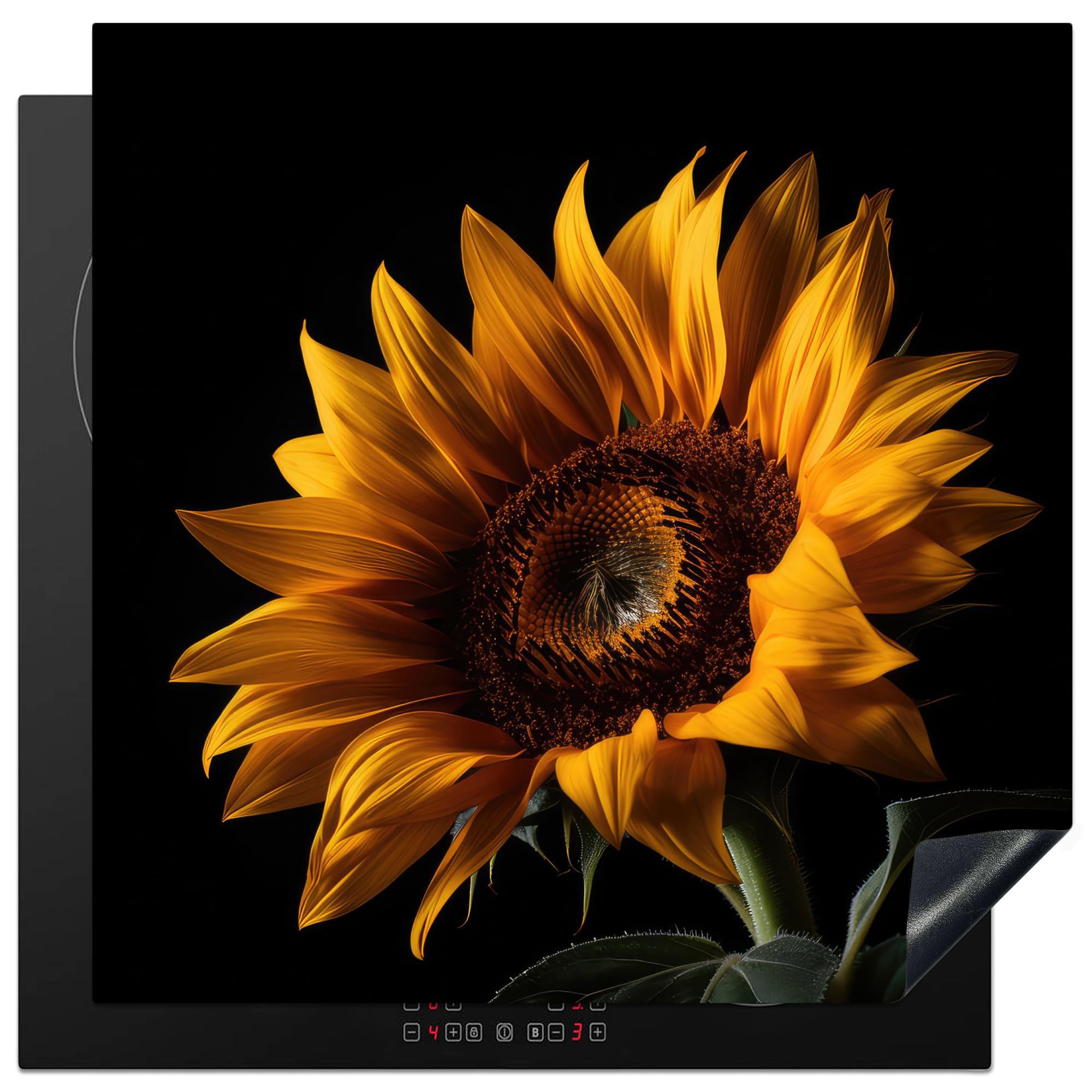 KitchenYeah© Induction Hob Protector Mat 30.7"x30.7" / 78x78 cm Cooker Top Protectors Cover Ceramic Covers Electric Hobs Vinyl Flowers - Botanical - Black - Sunflower