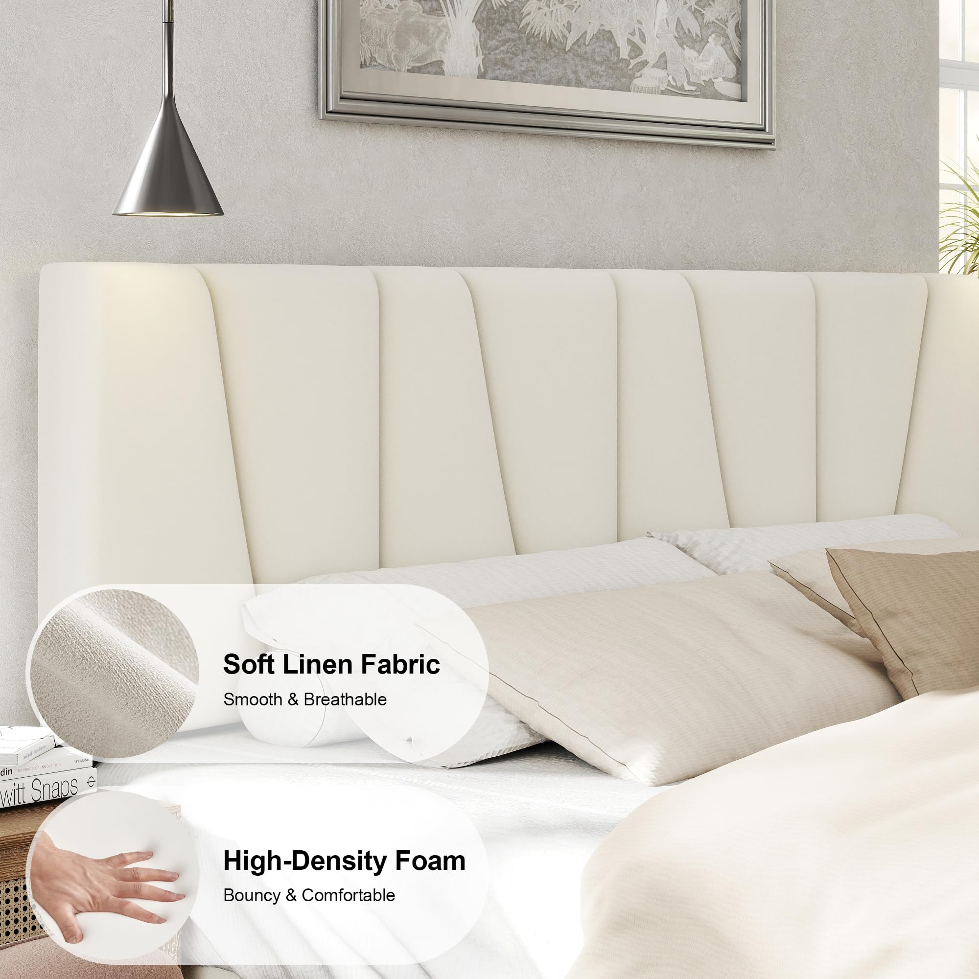 Base de cama tamaño King con cabecera tapizada de tela, plataforma con soporte de listones de madera, base de colchón completa, somier opcional, fácil montaje 5