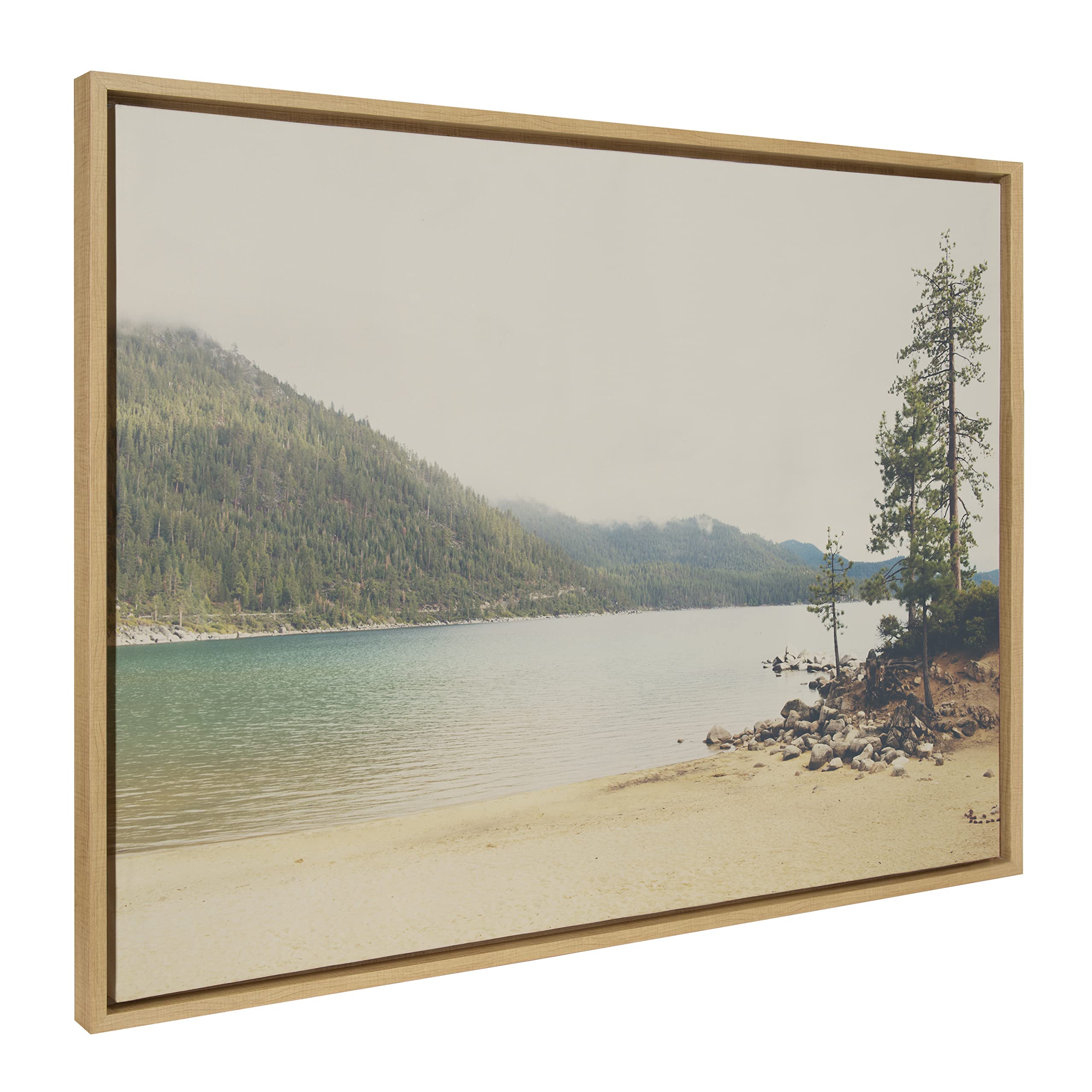 Kate and Laurel Sylvie Lake Tahoe California Mountain Sand Harbor Framed Canvas Wall Art by Laura Evans, 28x38 Natural, Oversized Geographic Nature Art Wall DÃ©cor