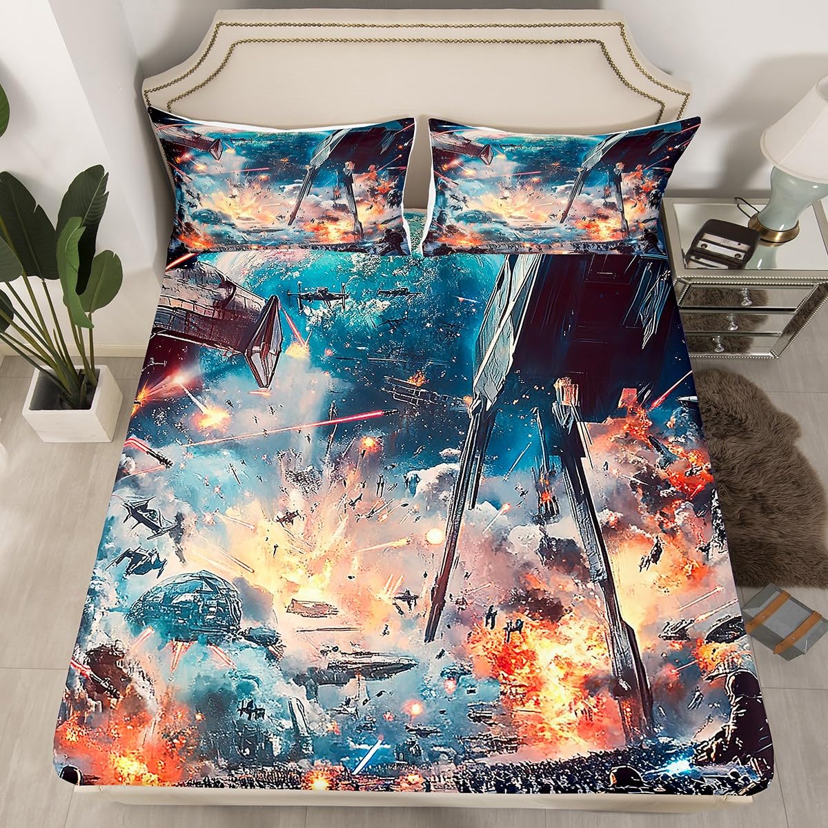 Space Universe War Fitted Sheets Full Size,Robots Soldier Bedding Sets 3Pcs,Spaceship Warship Aircraft Bed Sheet for Kids Boys Teens Room Decor,Men 3D Cool Modern Deep Pocket Sheet,2 Pillowcases