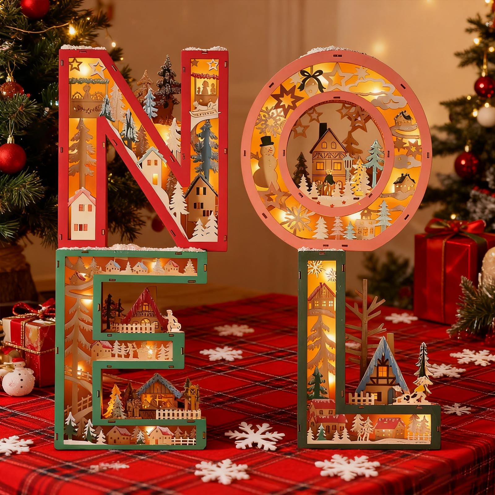 Decoración navideña de Madera Brillante con luz LED Lámpara de Escritorio de Madera con Letras Huecas para repisas Estante Exhibición de Entrada Decoración del árbol de Navidad
