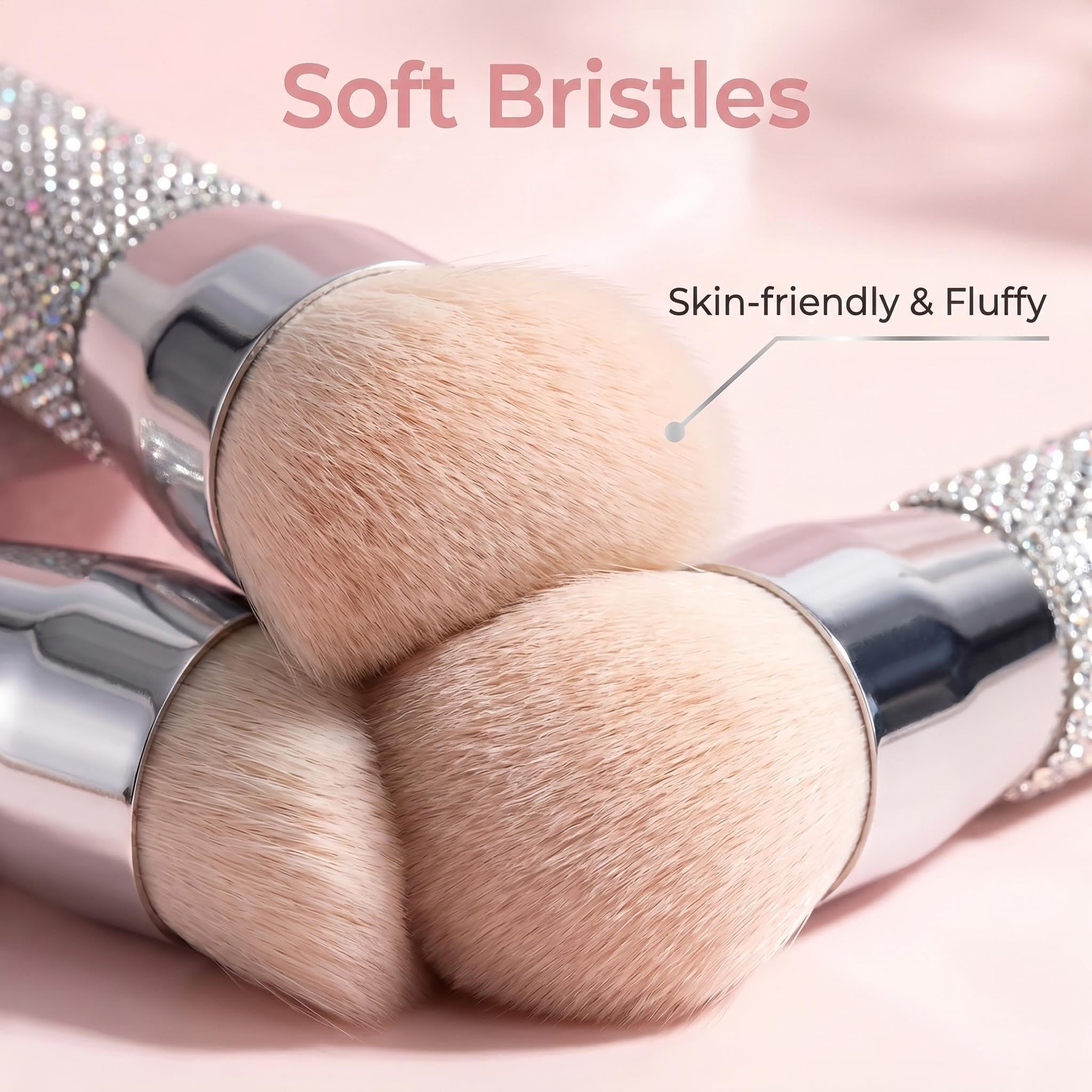 BS-MALL Brochas de maquillaje de lujo hechas a mano con diamantes para rubor, base sintética de primera calidad, cerdas sintéticas suaves, paquete de 2