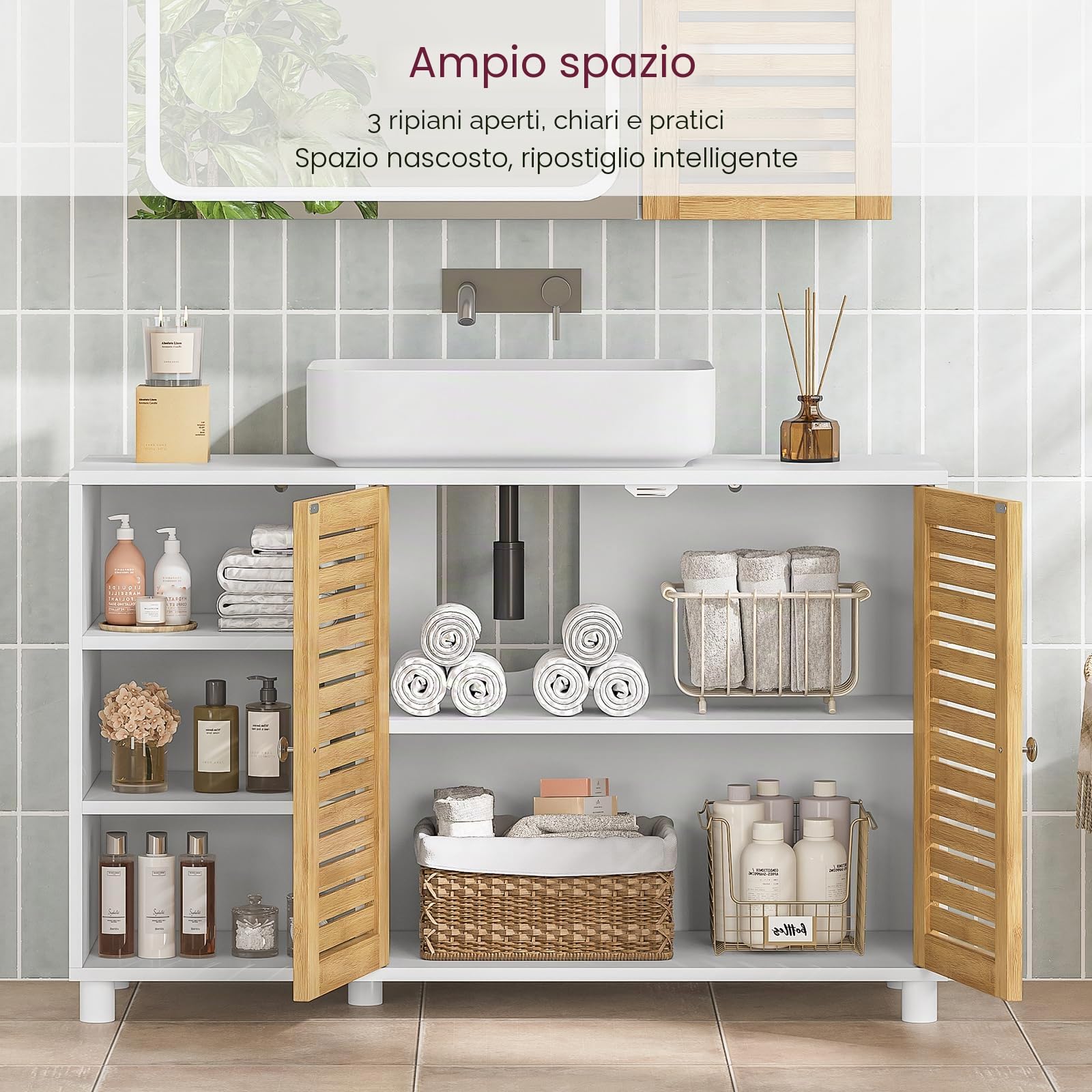 Armadio per lavabo, mobiletto da bagno con 2 ante in bambù, 3 scomparti aperti, ripiani regolabili in altezza, mobiletto per lavabo, extra lungo 30 x 90 x 60 cm
