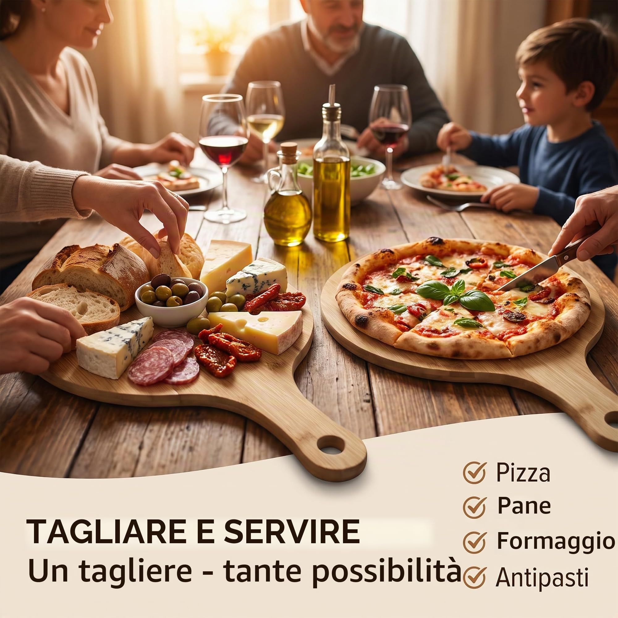 hausleben Piatto per pizza in legno da 33 cm (set da 2 da 3 a 4 pezzi) grande con manico, piattino, tagliere per pizza rotondo, tagliere per pizza e pizza (set da 6)