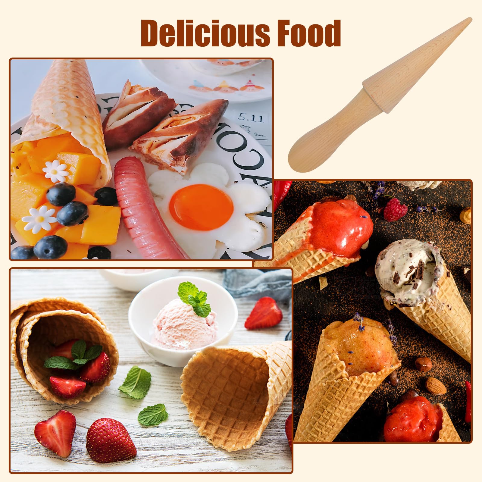2 moldes de cono de helado, moldes de madera reutilizables para cuernos de crema, conos de gofre, rodillo de pizzela, rollo de huevo, molde para cocina, cocina y horneado 4