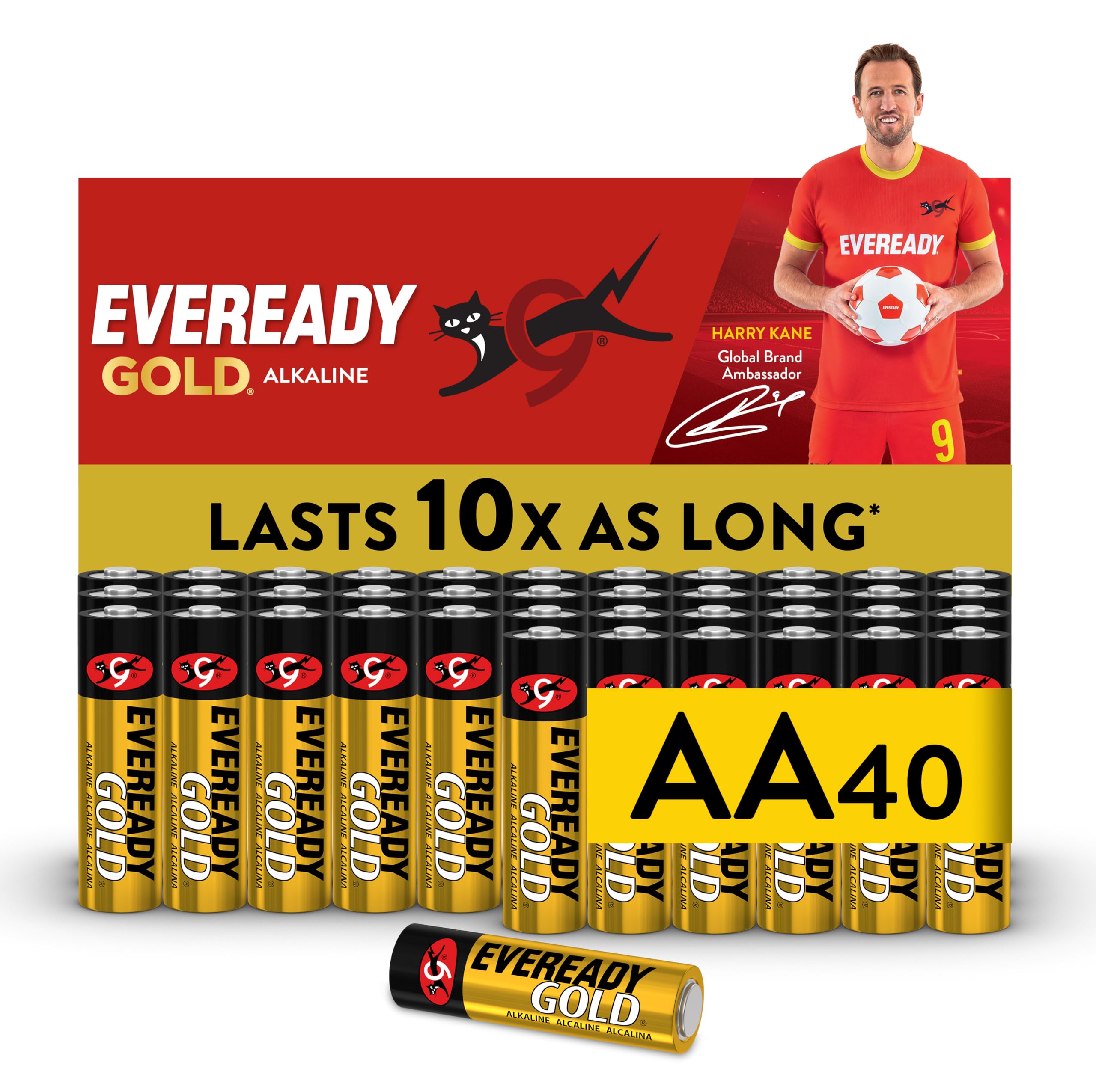 Eveready Gold by Energizer - AA Battery (40 Pack) - Bulk Double A Batteries - 1.5V Alkaline - Reliable Power For Every Day Devices - 100% Recyclable Plastic Free Packaging - 10 Year Shelf Life