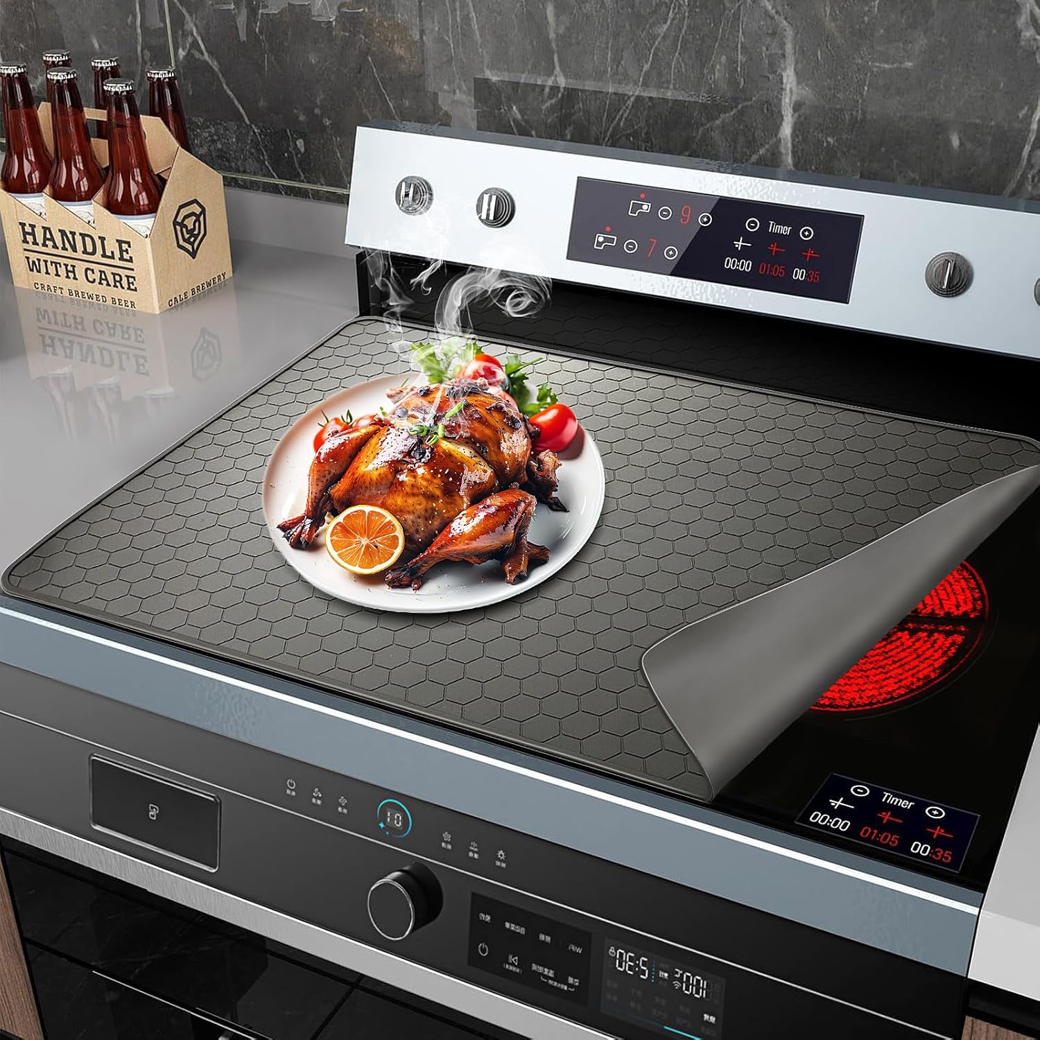 Stove Top Covers for Electric Stove, 27.55" x 19.68" Silicone Stove Cover,Foldable Ceramic Glass Electric Stove Top Cover, Dish Drying Mat to Prevent Scratching (Grey)