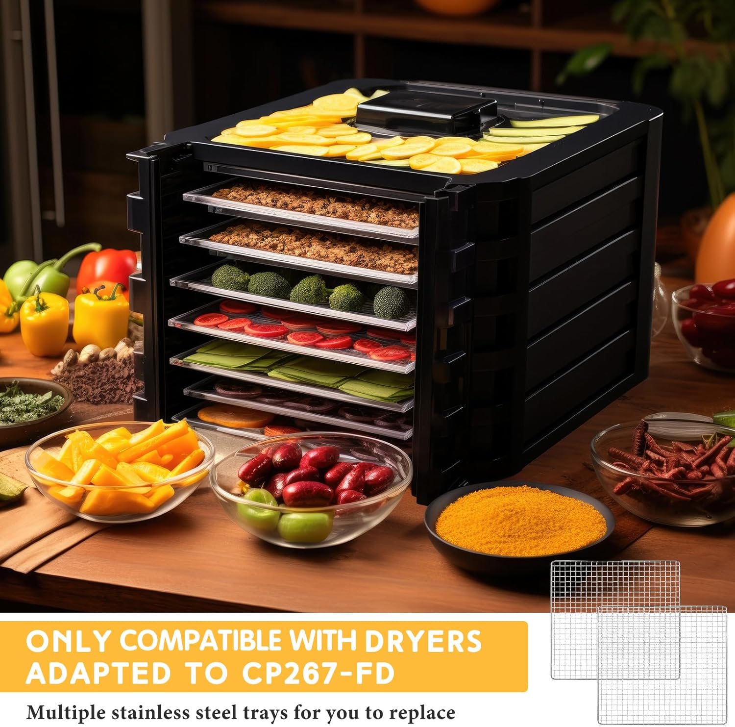 Baderke 13 x 12 Inches Dehydrator Trays Compatible with CP267-FD Only Stainless Steel Dehydrator Drying Mesh Screens Stainless Steel Tray for Drying Fruit Food(4 Pcs)