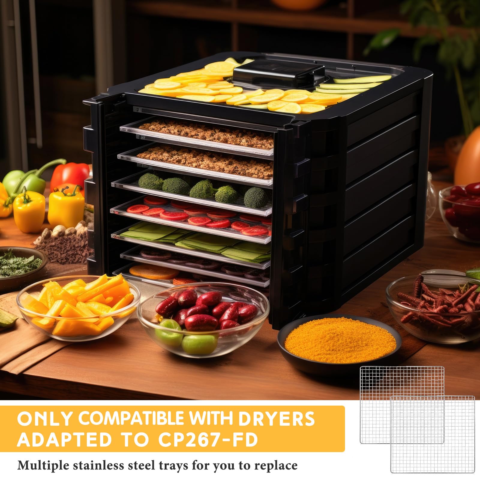 Bandejas deshidratadoras de 13 x 12 pulgadas compatibles con CP267-FD solo deshidratador de acero inoxidable, pantallas de malla de secado de acero inoxidable para secar alimentos de frutas (4 piezas) 6