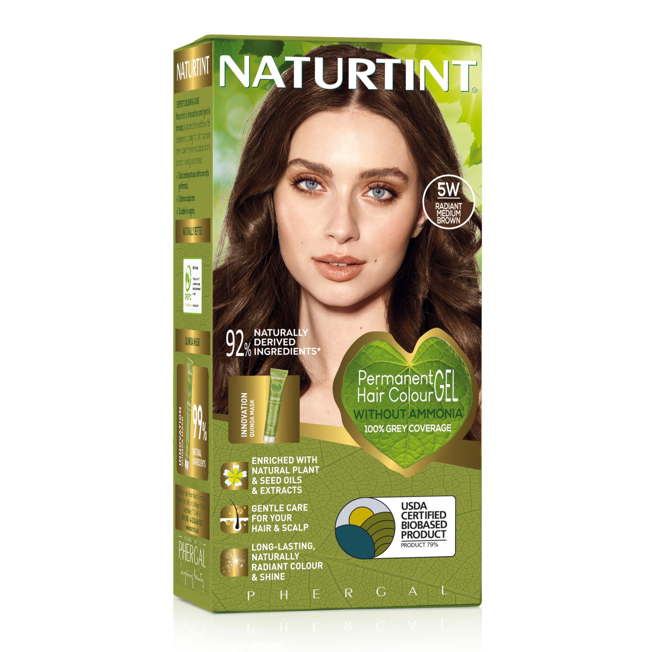 Naturtint Permanent Hair Colour Gel 5W Radiant Medium Brown, Plant Enriched, Biobased, Ammonia Free, Long Lasting Grey Coverage and Radiant Colour, Nourishment and Protection