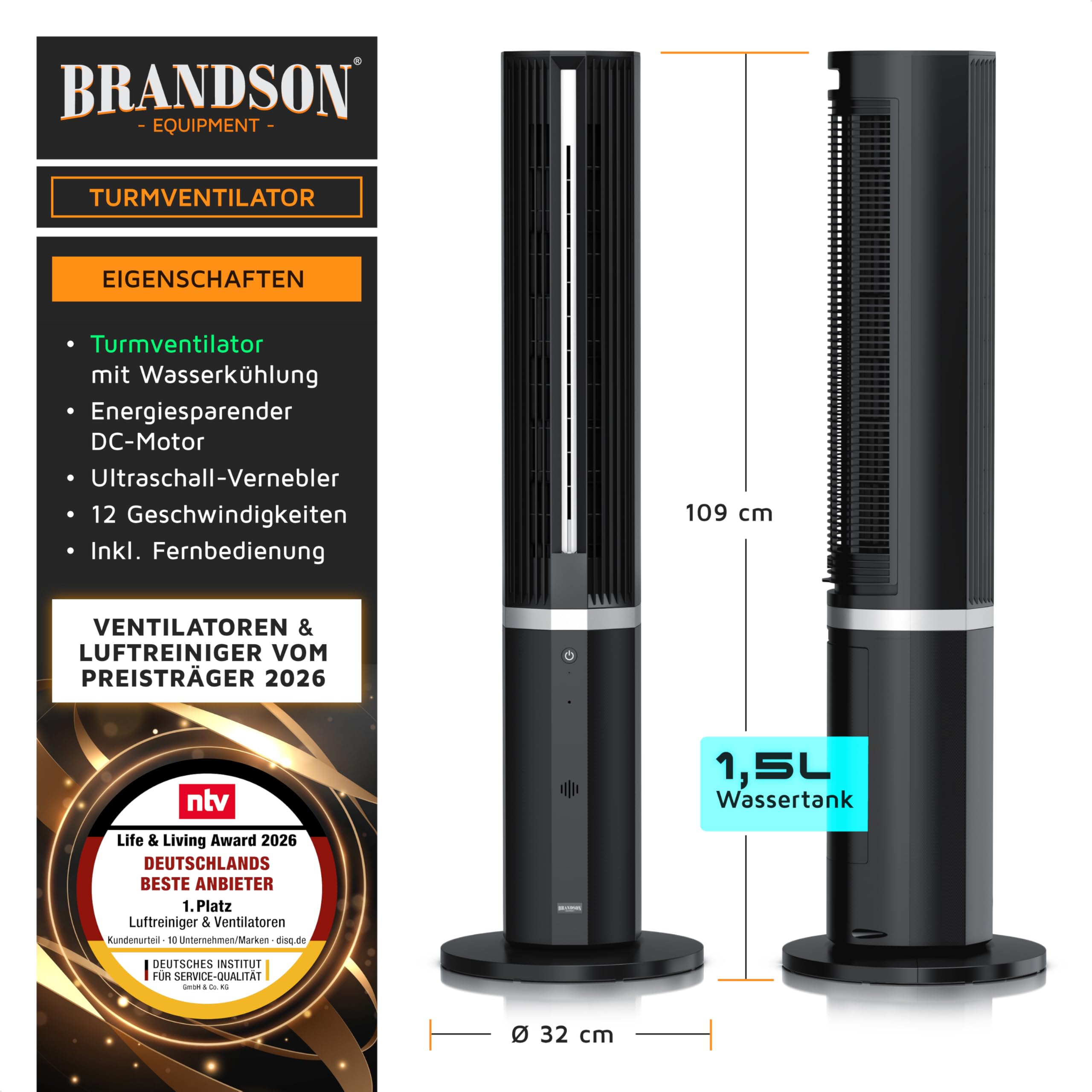 Brandson - Turmventilator mit Wasserkühlung – Preisträger 2026 - Luftkühler inkl. Luftbefeuchter - DC-Motor sehr leise – 12 Geschwindigkeiten - Fernbedienung