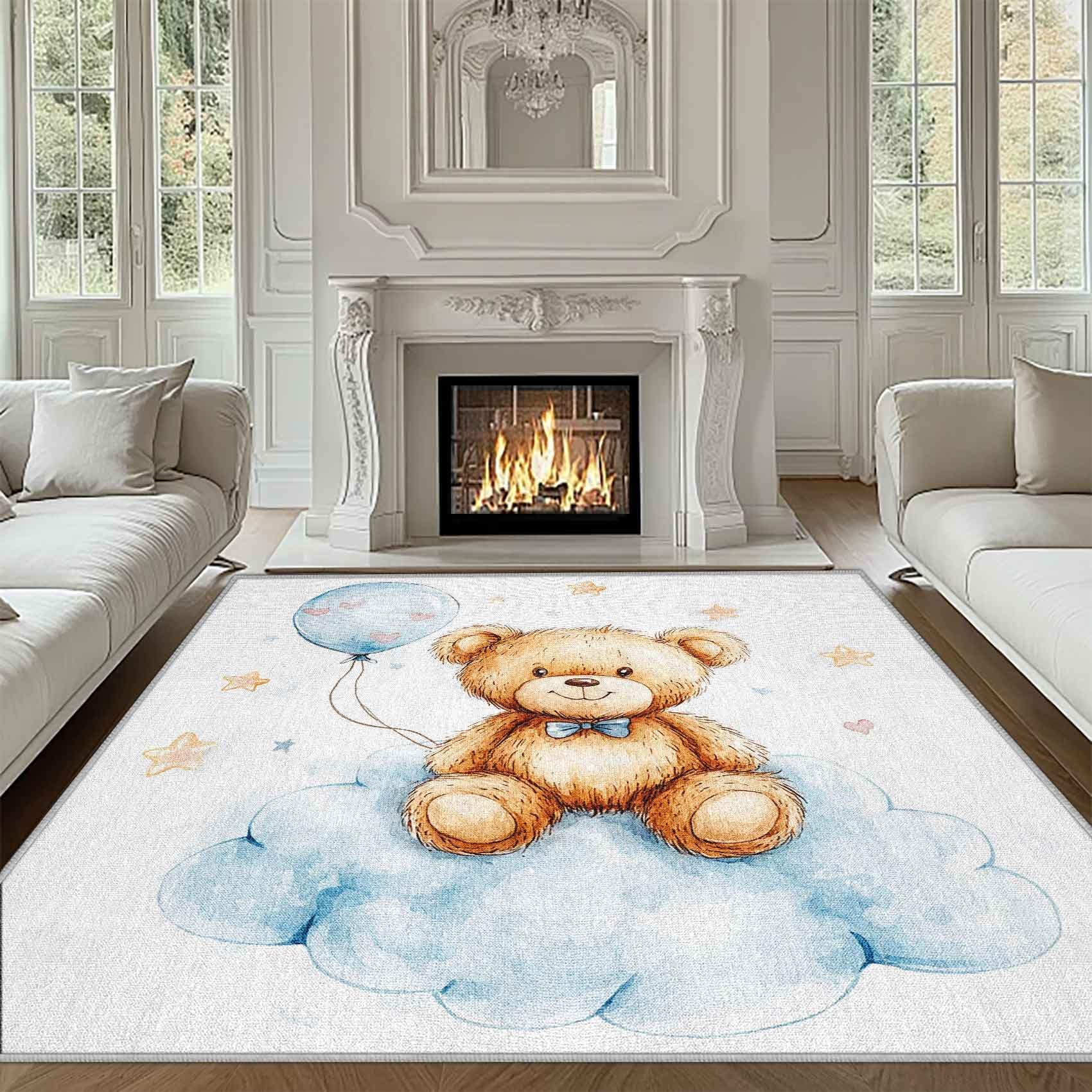 Niedlicher Teddybär-Kinderteppich (70 x 180 cm) mit Sternen- und Wolkenmotiv, waschbar rutschfest Teppich, ideal zum Krabbeln und für Jungen- und Mädchenzimmer.