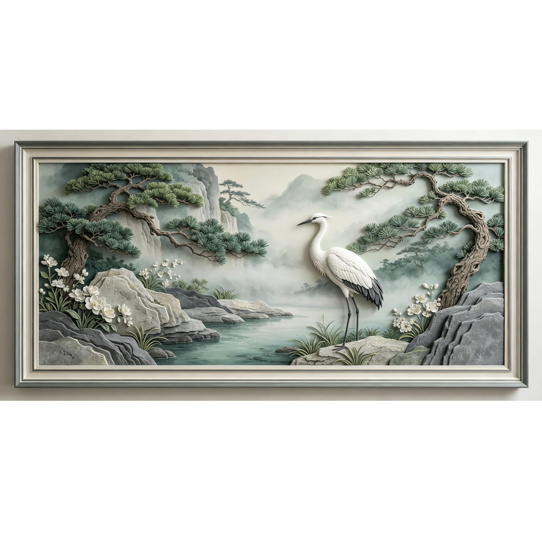 Agglomerix 3D Framed Wall Art Crane Pine Tree Mountain River Rock Botanical Landscape Large Size SelfAdhesive Removable Wall Decor Prints Artwork for Living Room Bedroom Office