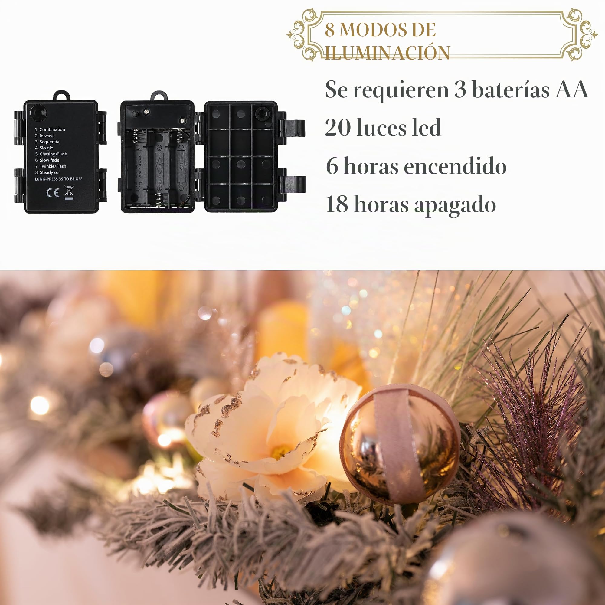 Valery Madelyn 6 Pies/183cm Guirnalda de Navidad Pre-Iluminada para la Chimenea con Luces Led, Guirnalda Navideña Rosa y Dorada con Bolas con Función de Temporizador para la Decoración de Fiestas