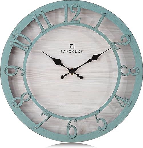 Lafocuse 12 Inch Raised 3D Numbers Teal Wall Clocks Battery Operated, Silent Farmhouse Rustic Wall Clock for Living Room Decor Kitchen Bedroom