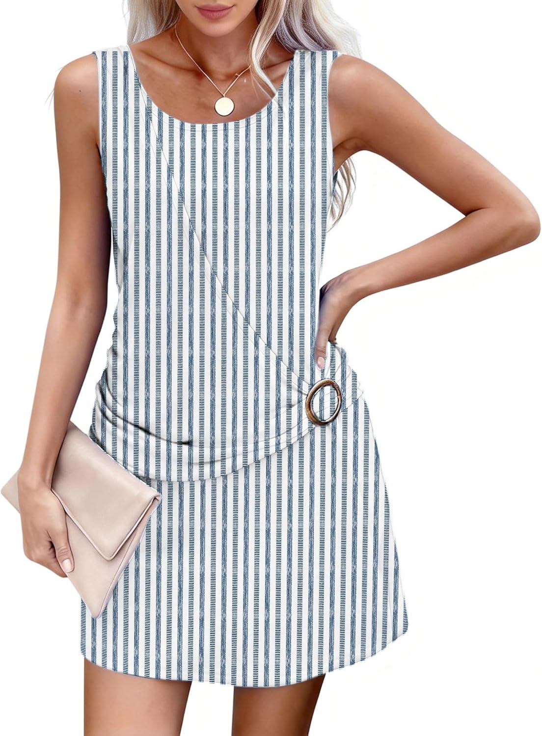 Disamer Women's Summer Sleeveless Sundresses Vacation Cover Ups Beach Dress with Ring Cocktail Waist Striped Tank Mini Dres