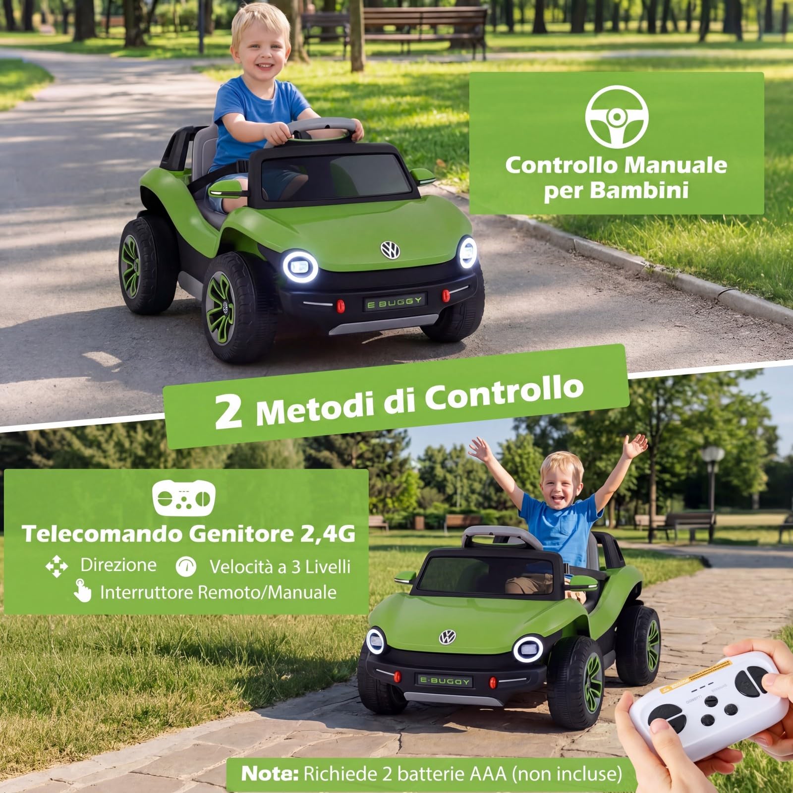COSTWAY Volkswagen 12V Macchina Elettrica per Bambini con Telecomando, Velocità Regolabile, Auto Cavalcabile con Musica Vano Portaoggetti e Ruote Ammortizzanti, per Bambini 3+ Anni (Verde)